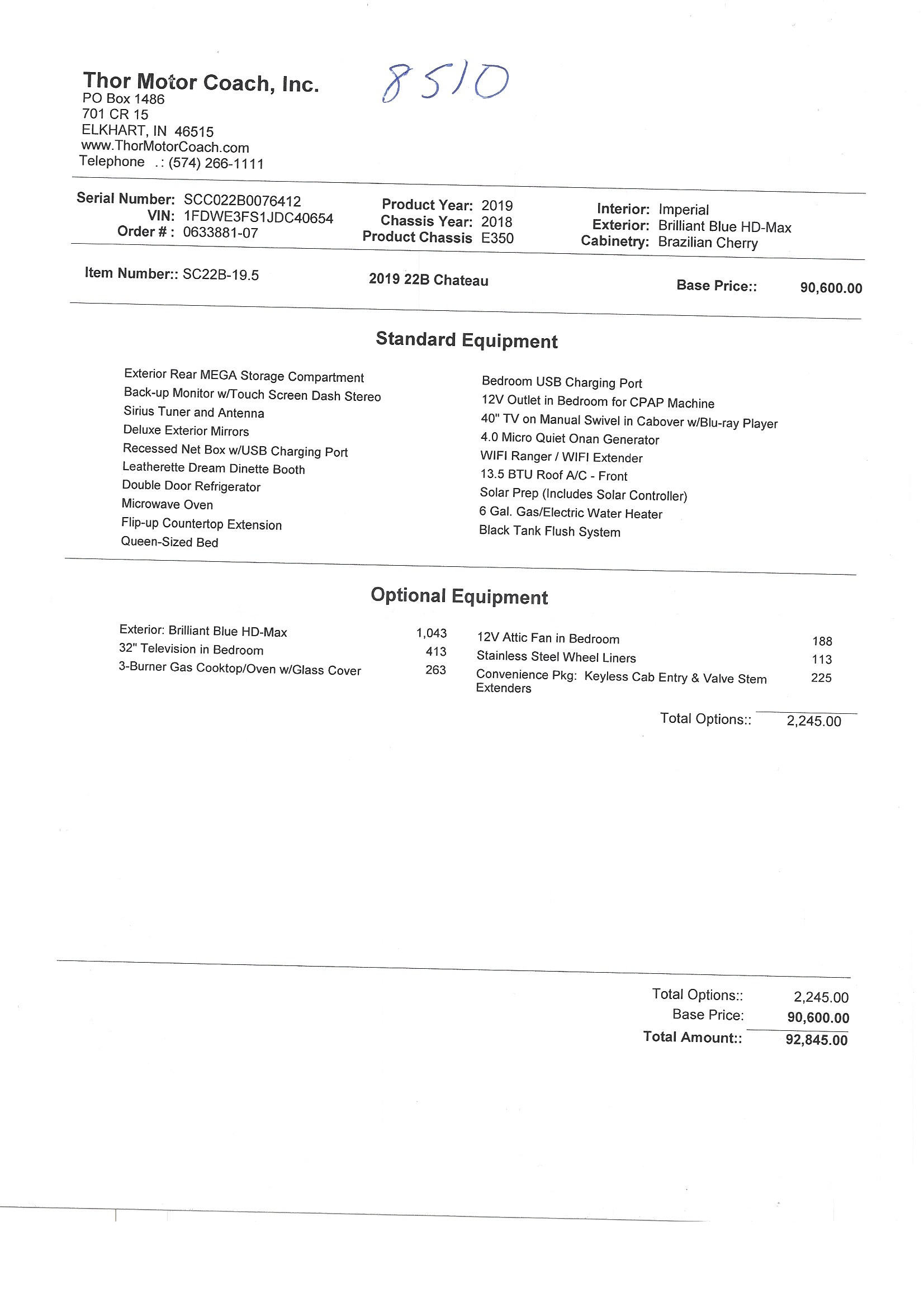 2019 Thor Chateau 22B MSRP Sheet