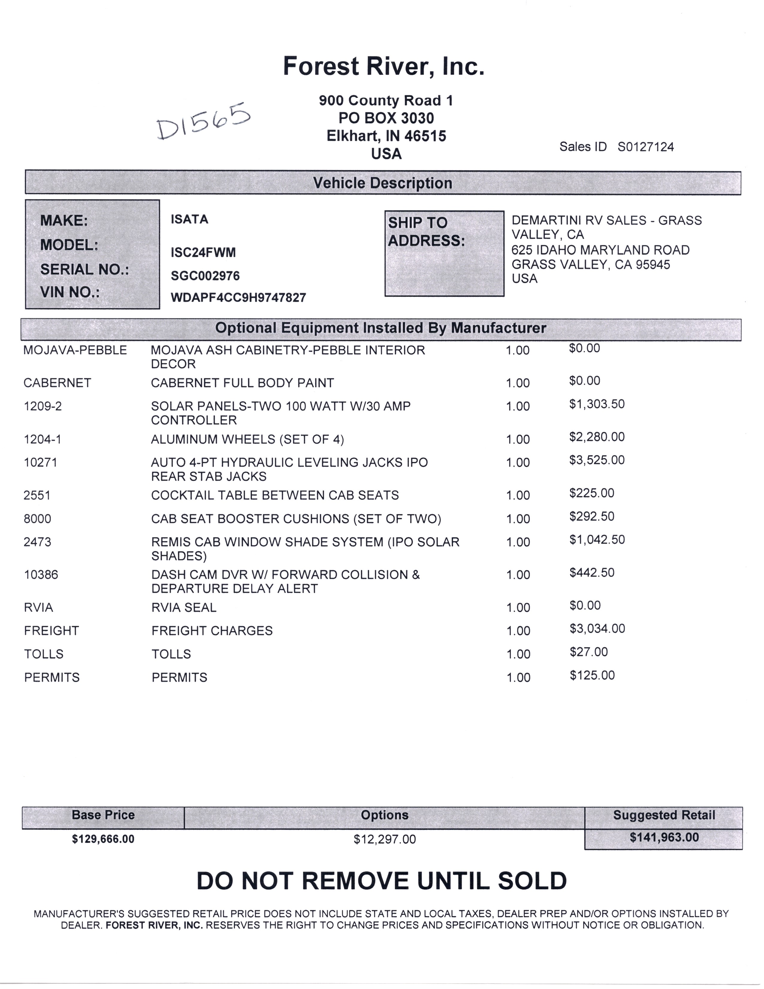 2019 Dynamax Isata 3 24FW MSRP Sheet