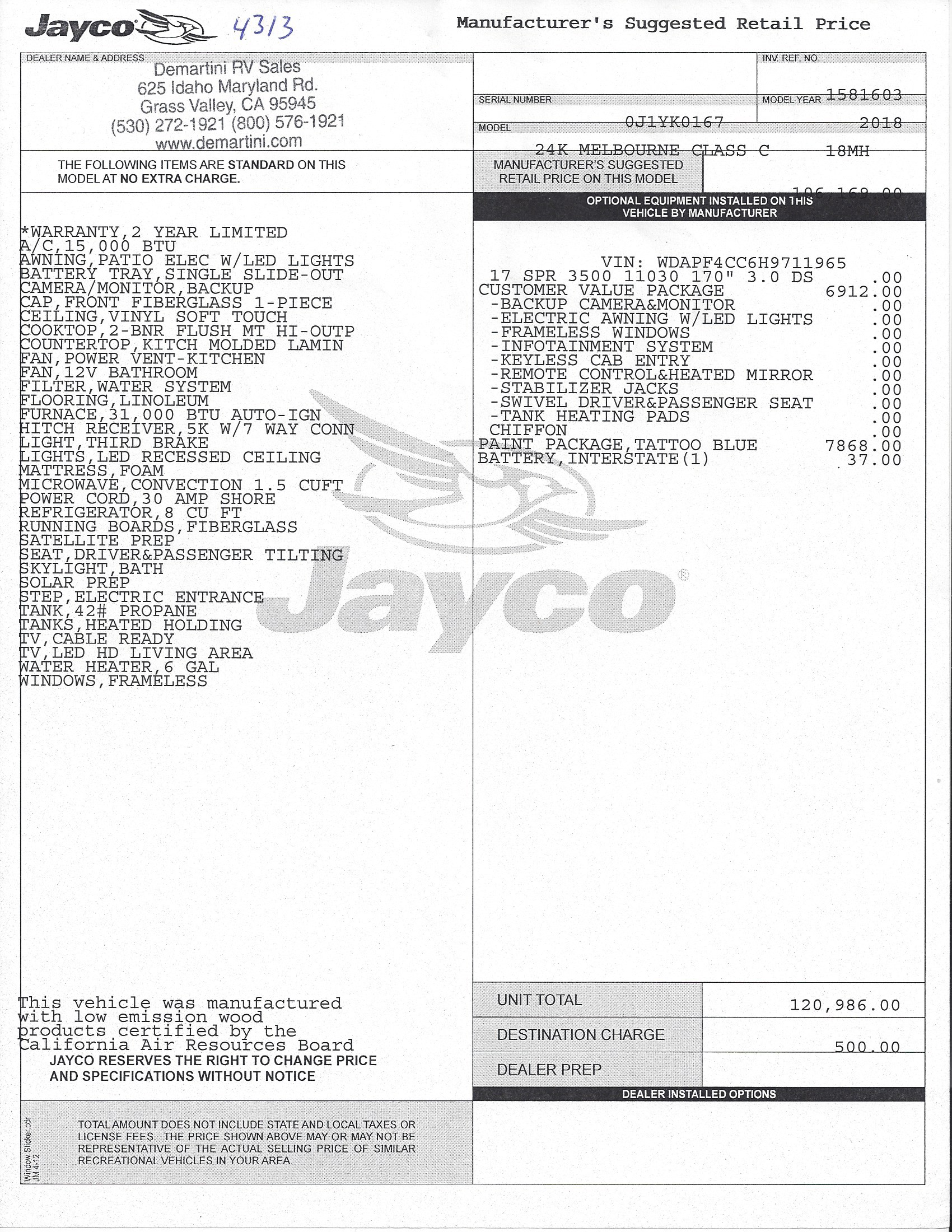 2018 Jayco Melbourne 24K MSRP Sheet