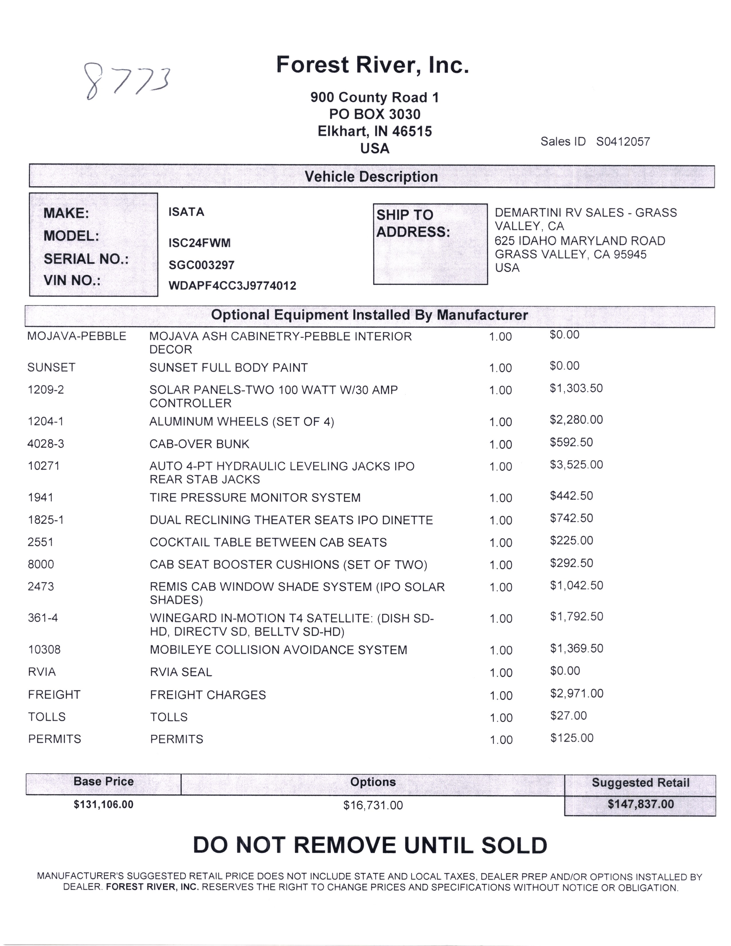 2019 Dynamax Isata 3 24FW MSRP Sheet