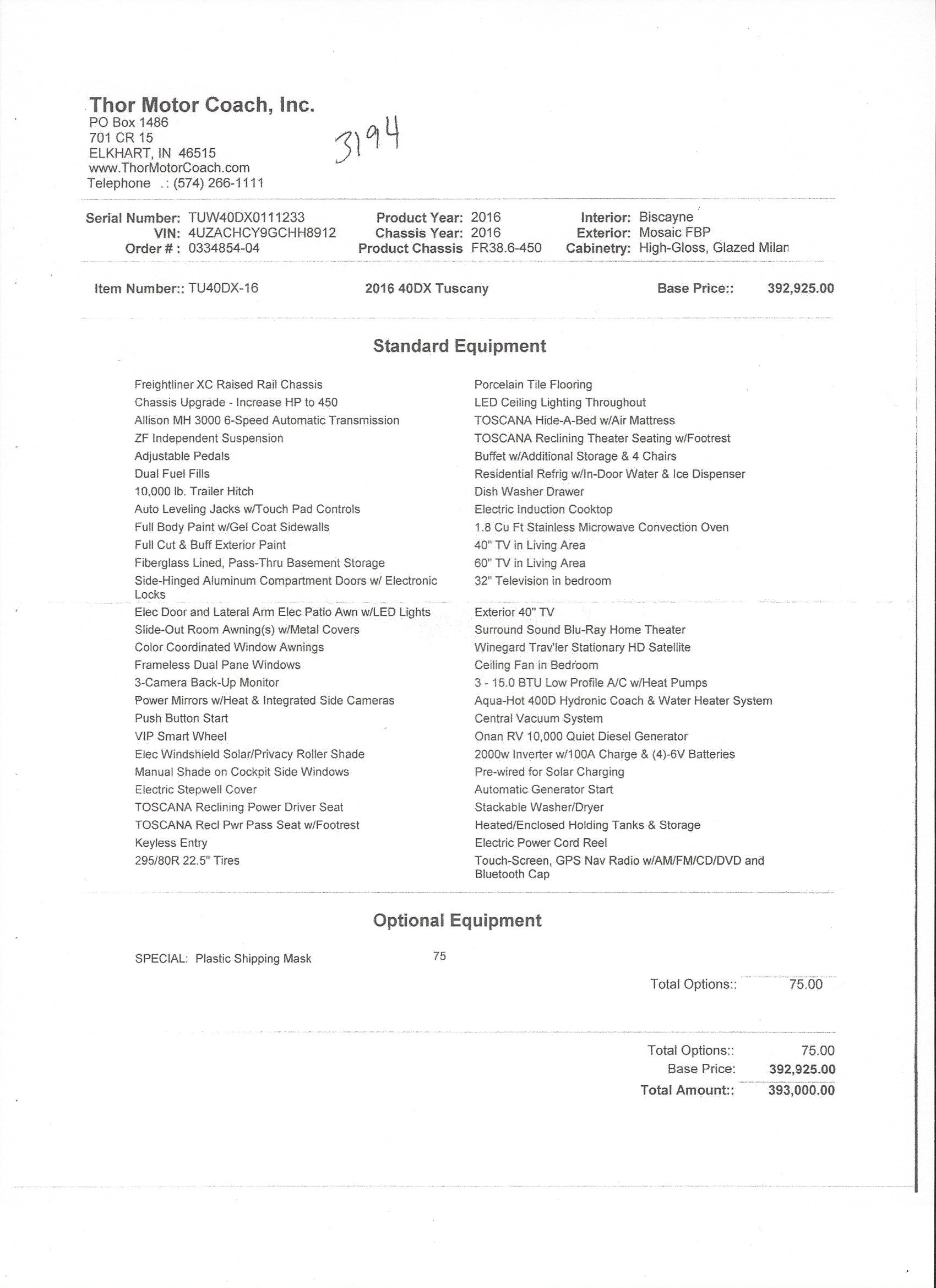 2016 Thor Tuscany 40DX MSRP Sheet