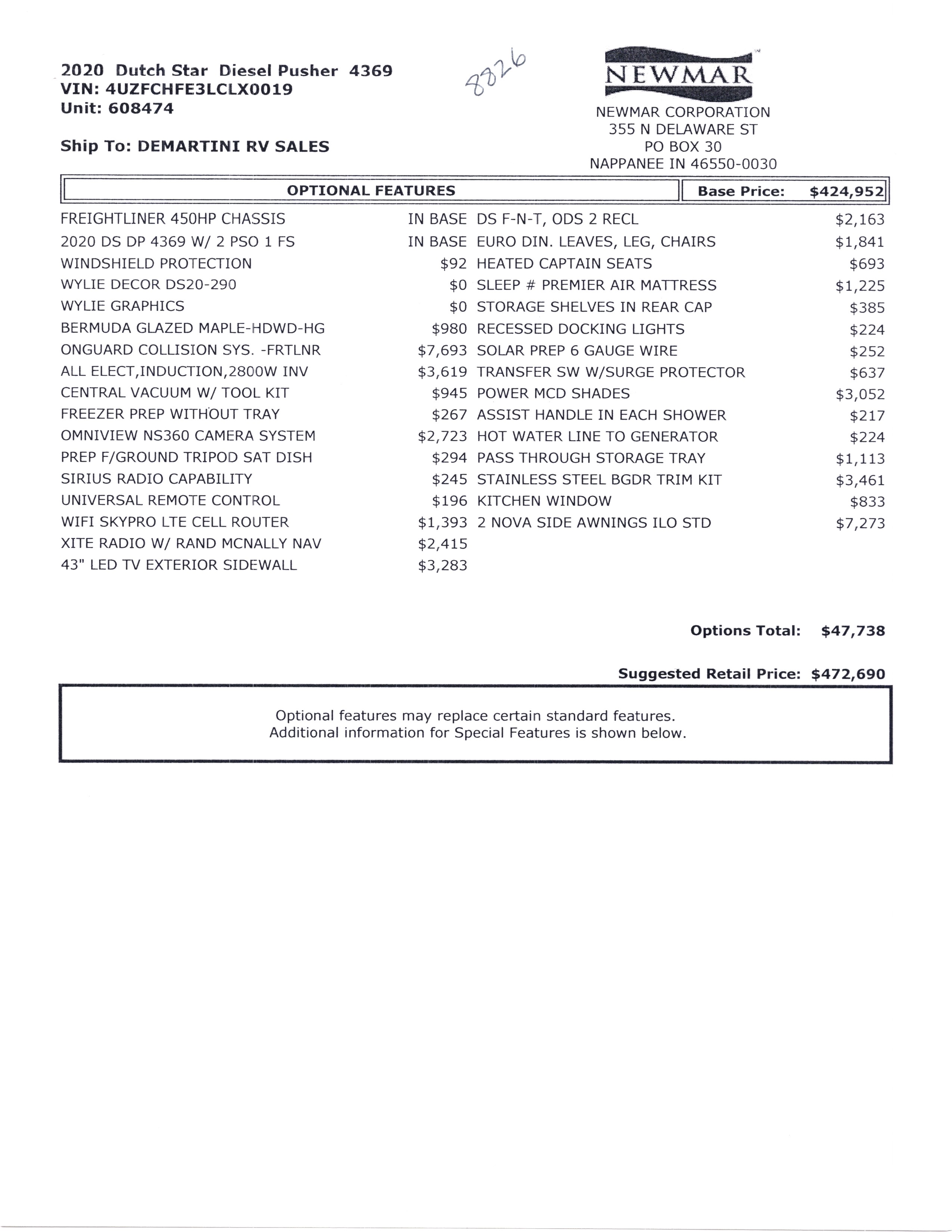 2020 Newmar Dutch Star 4369 MSRP Sheet