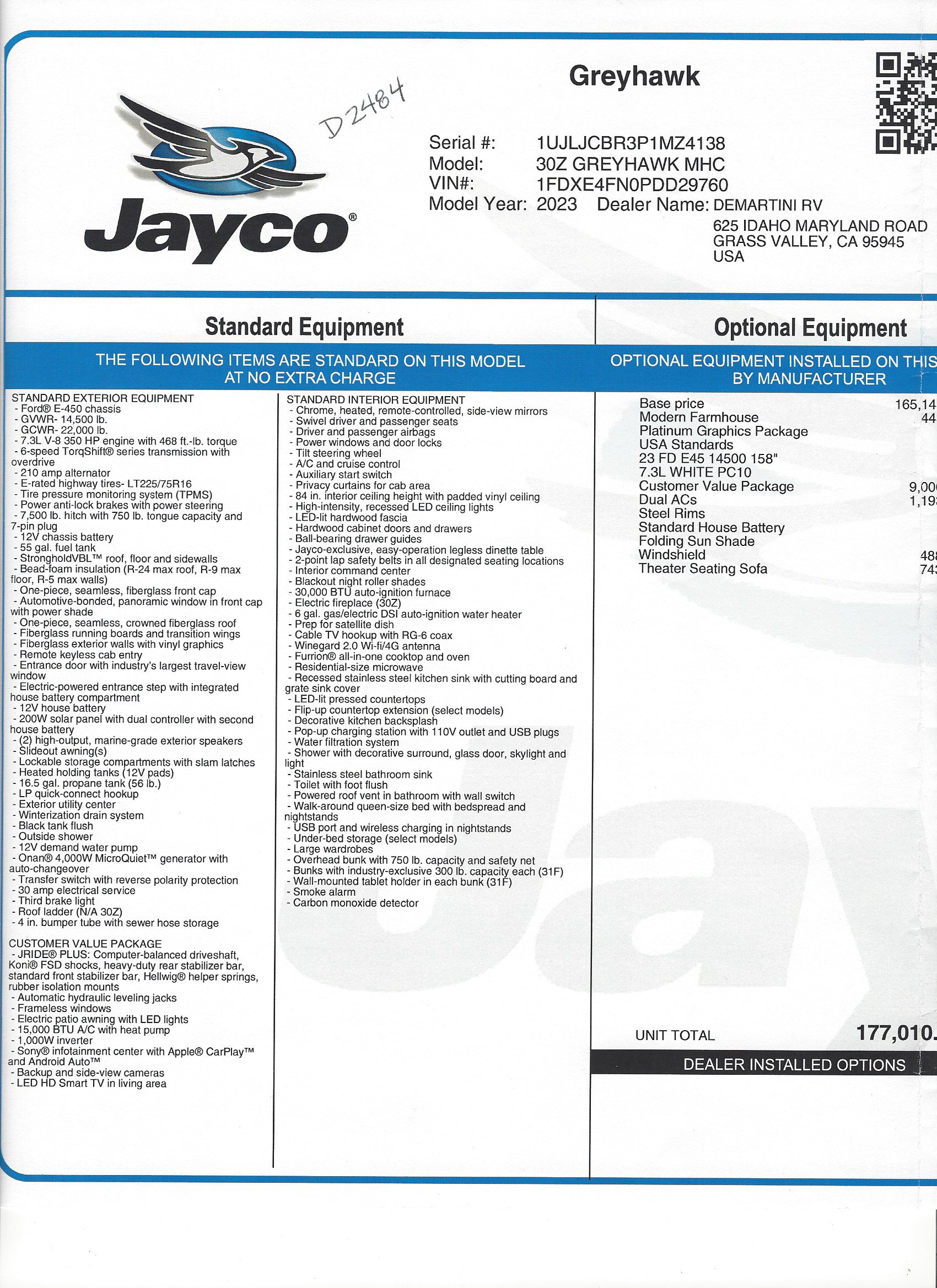 2023 Jayco Greyhawk 30Z MSRP Sheet