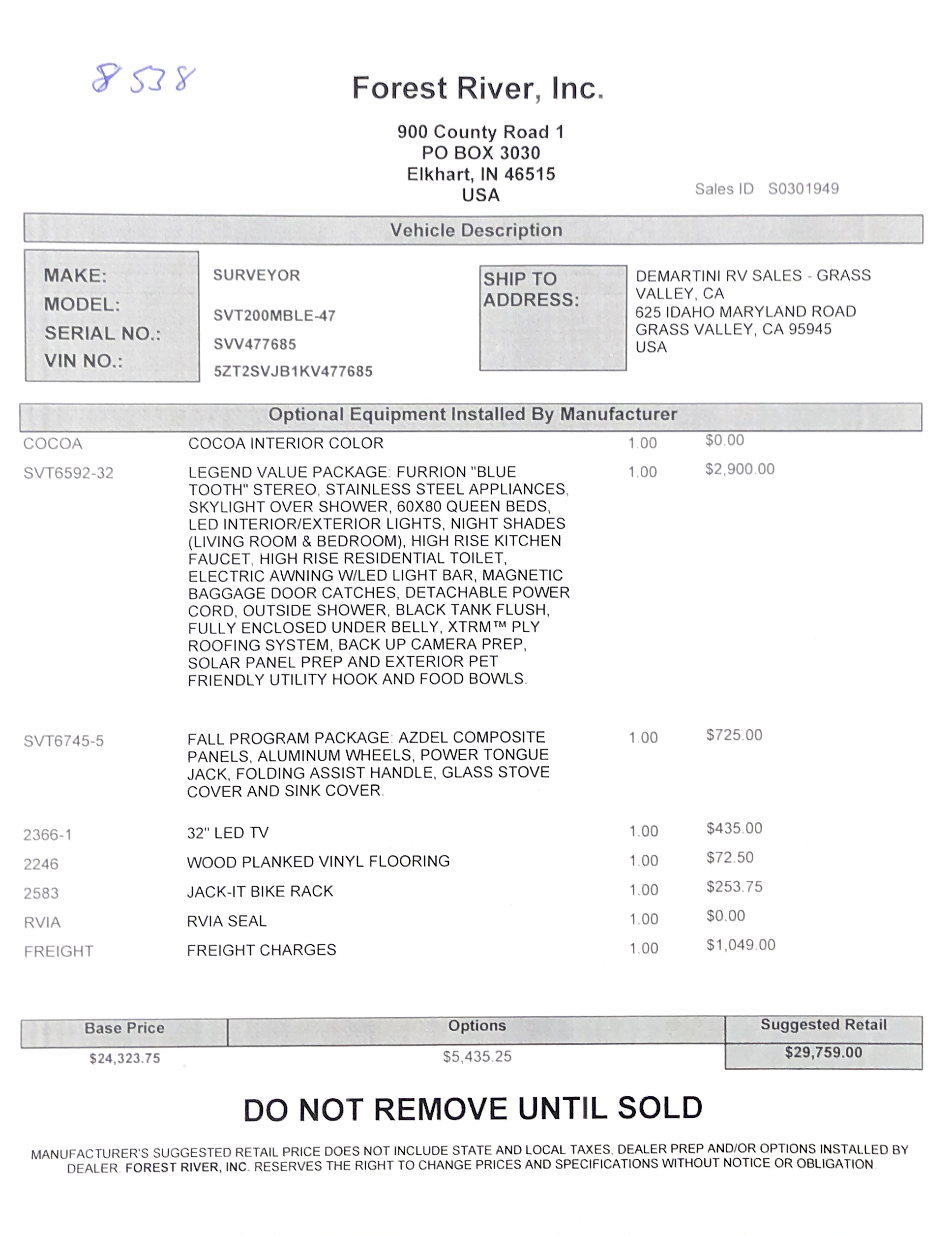 2019 Forest River Surveyor Legend 200MBLE MSRP Sheet