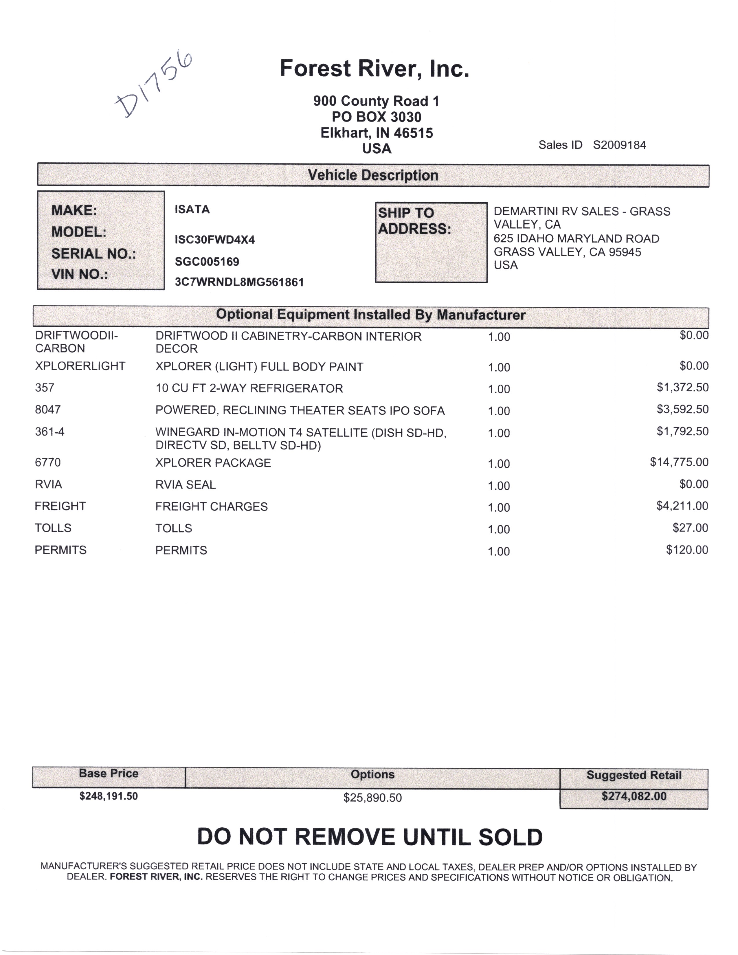 2022 Dynamax Isata 5 4x4 30FW with Xplorer Package MSRP Sheet