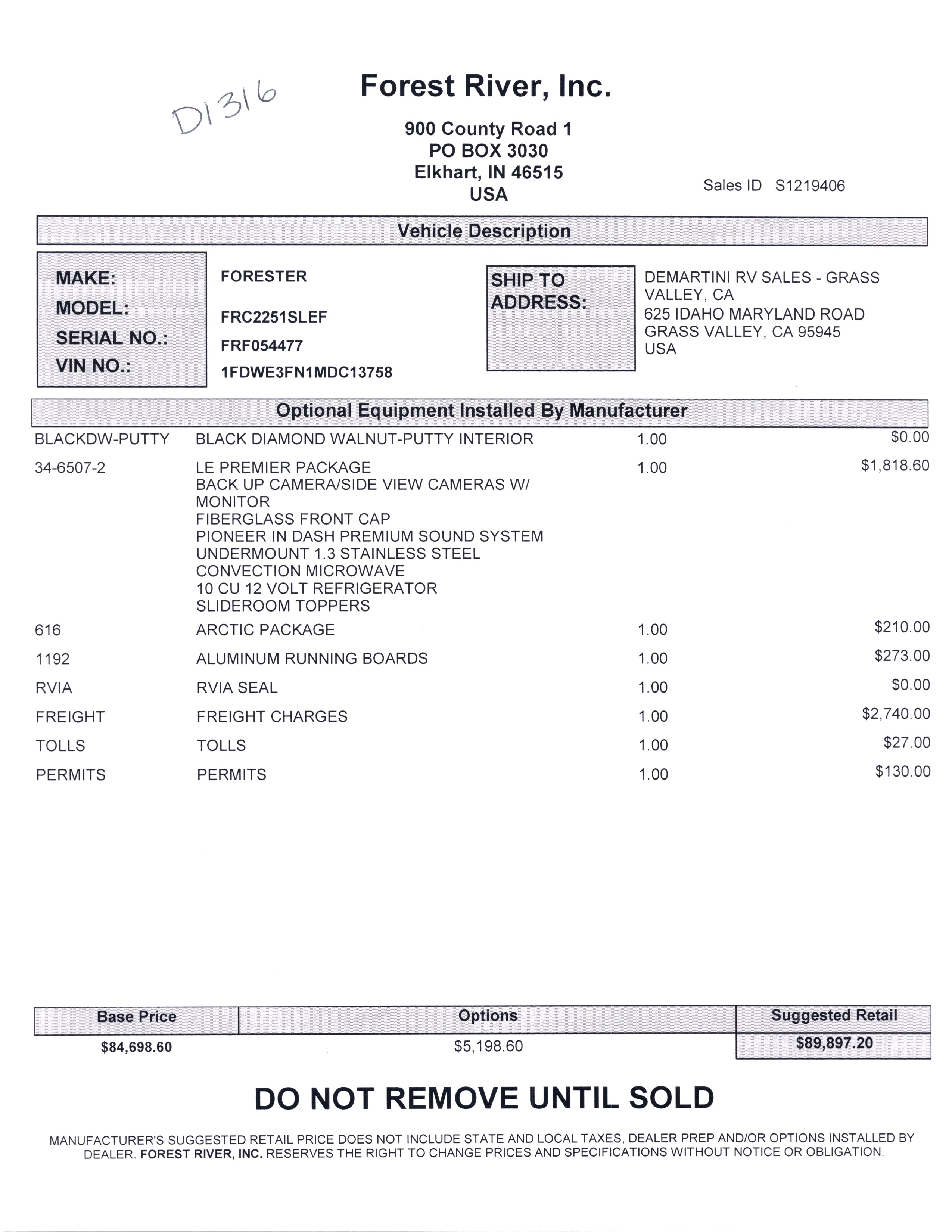 2021 Forest River Forester LE 2251SLE MSRP Sheet