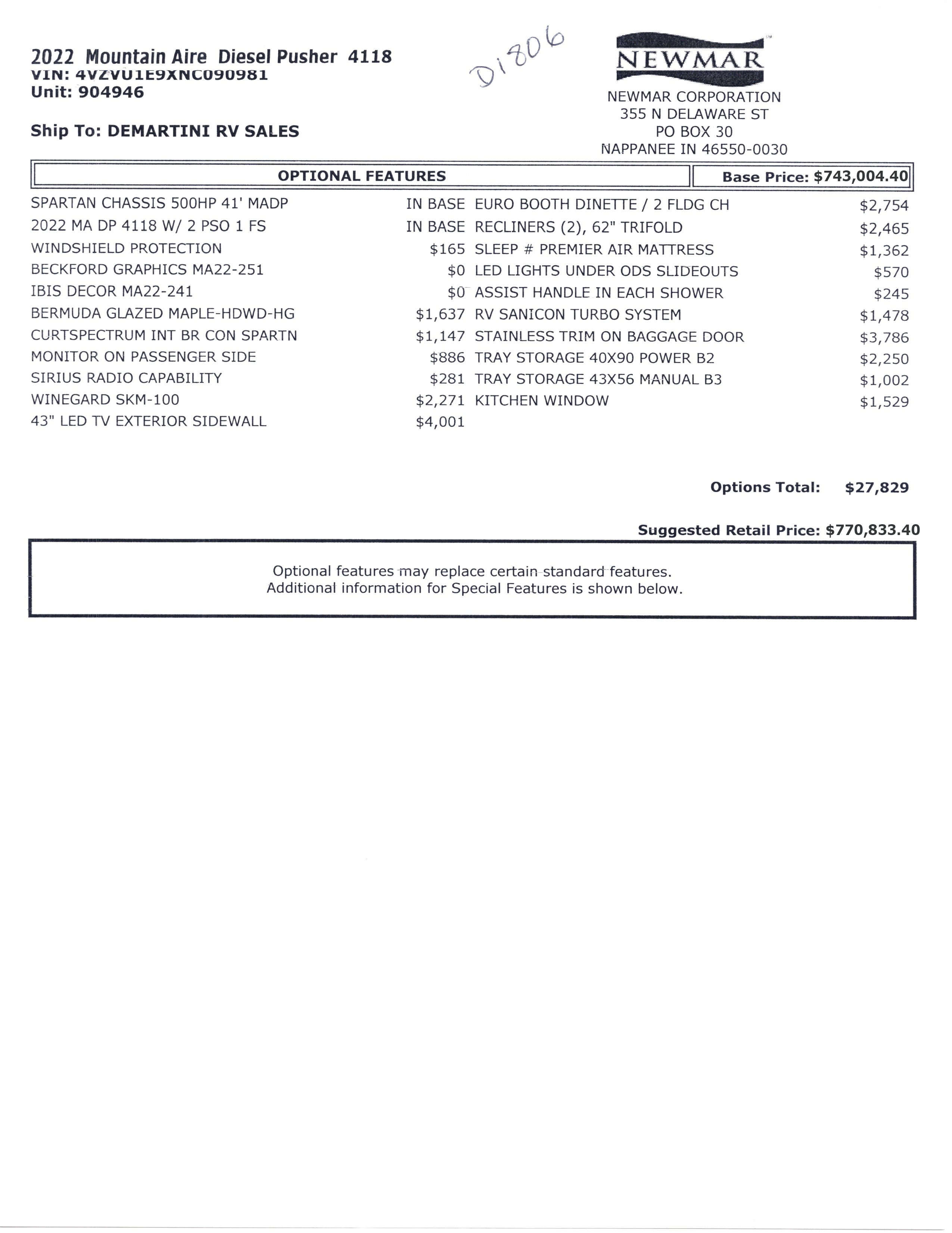 2022 Newmar Mountain Aire 4118 MSRP Sheet