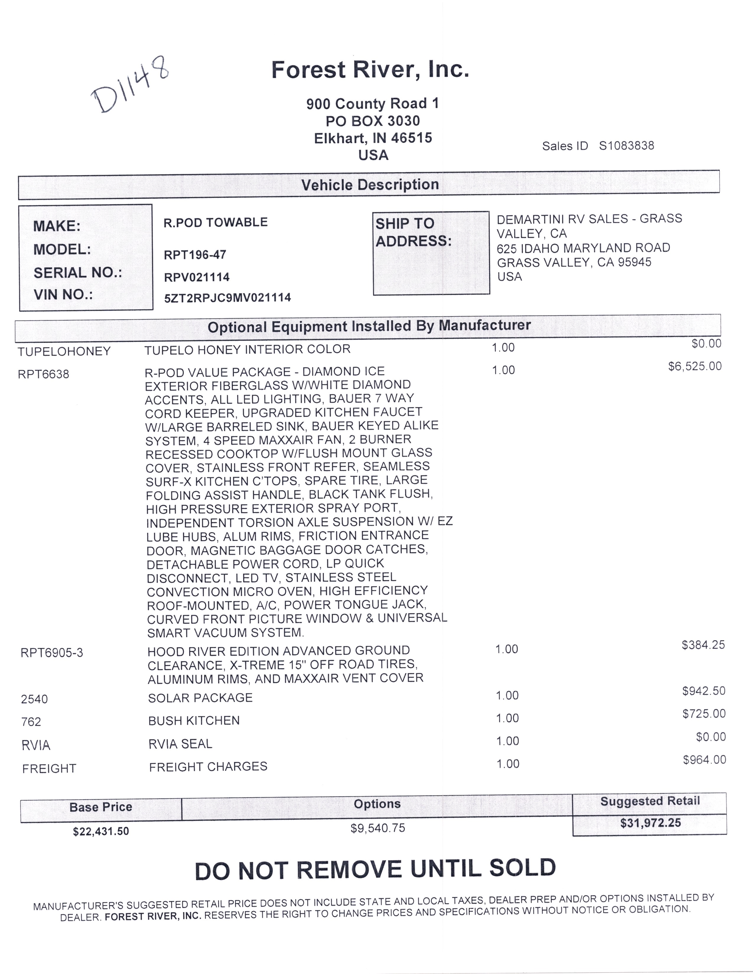 2021 Forest River R-Pod 196 MSRP Sheet