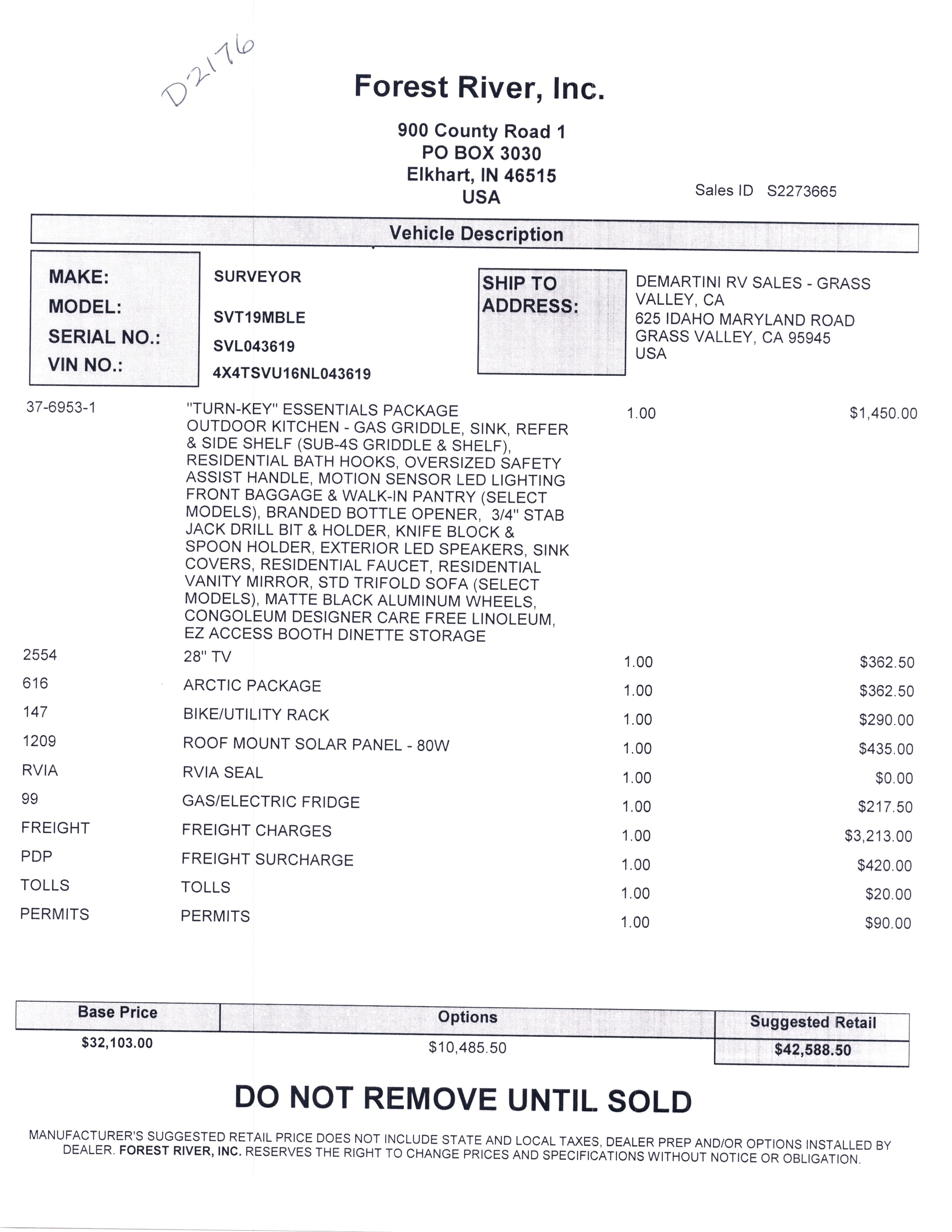 2022 Forest River Surveyor Legend 19MBLE MSRP Sheet