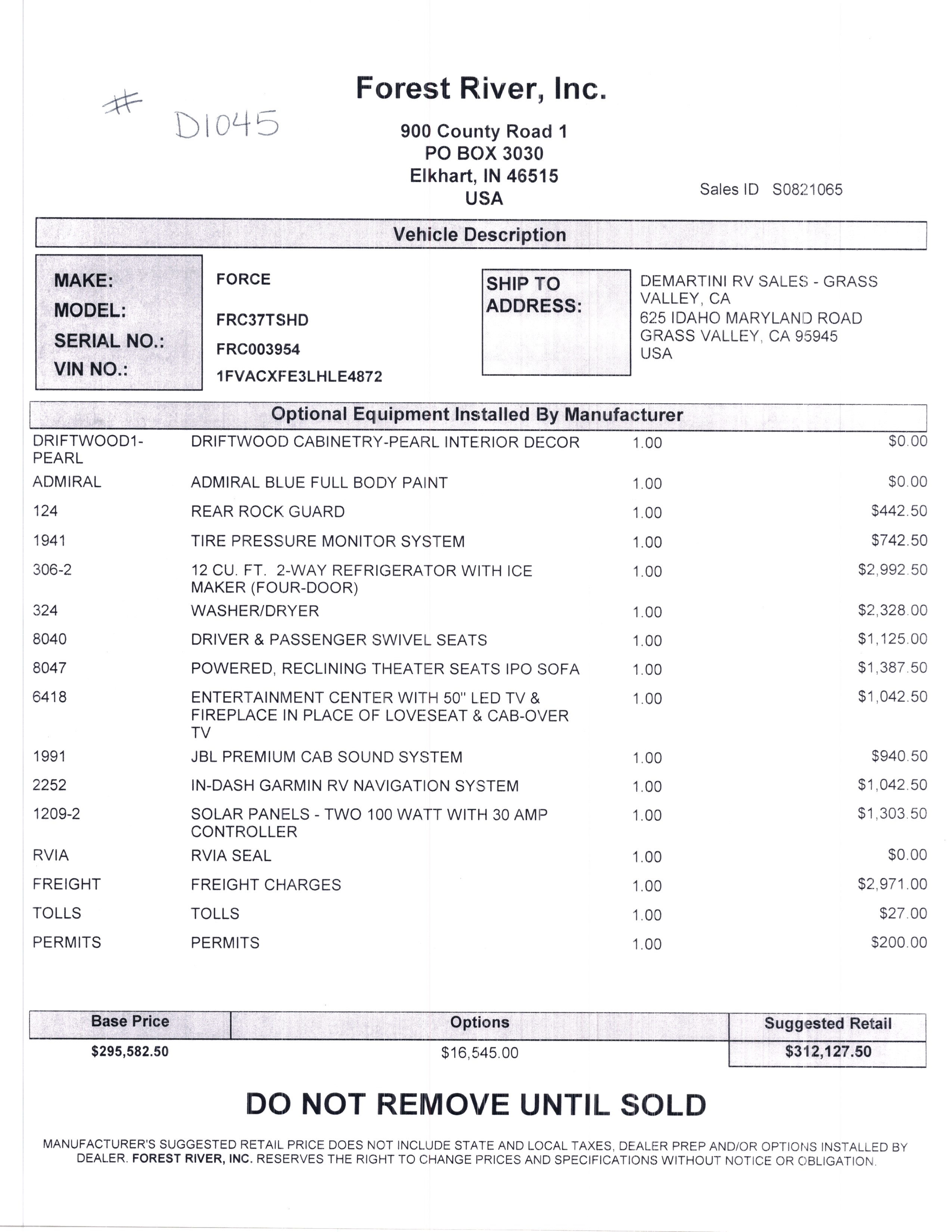 2021 Dynamax Force HD 37TS MSRP Sheet