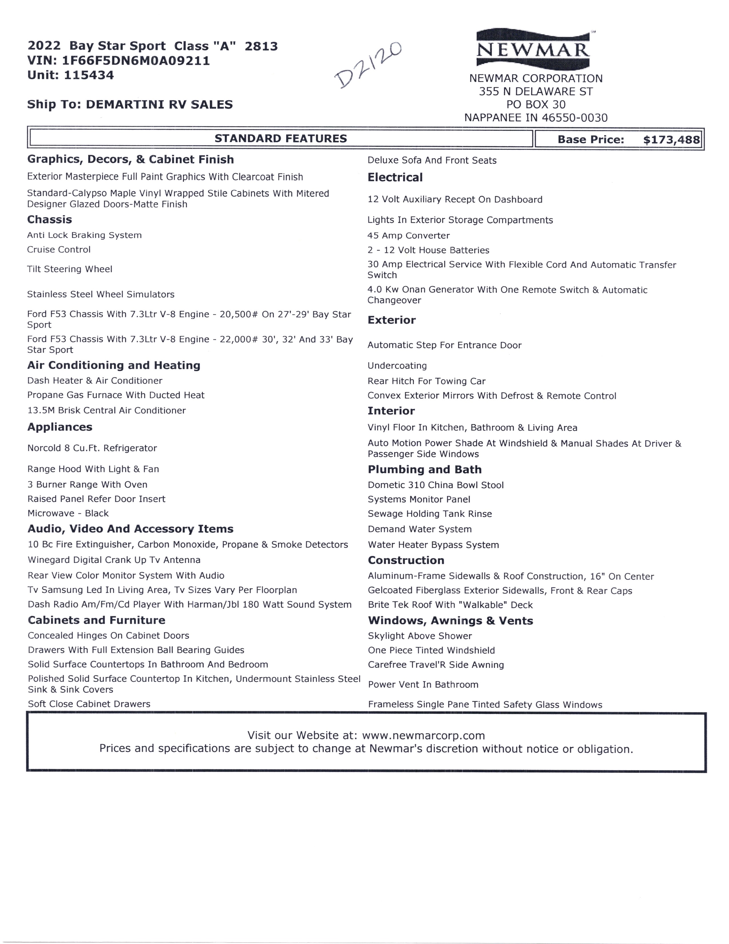 2022 Newmar Bay Star Sport 2813 MSRP Sheet