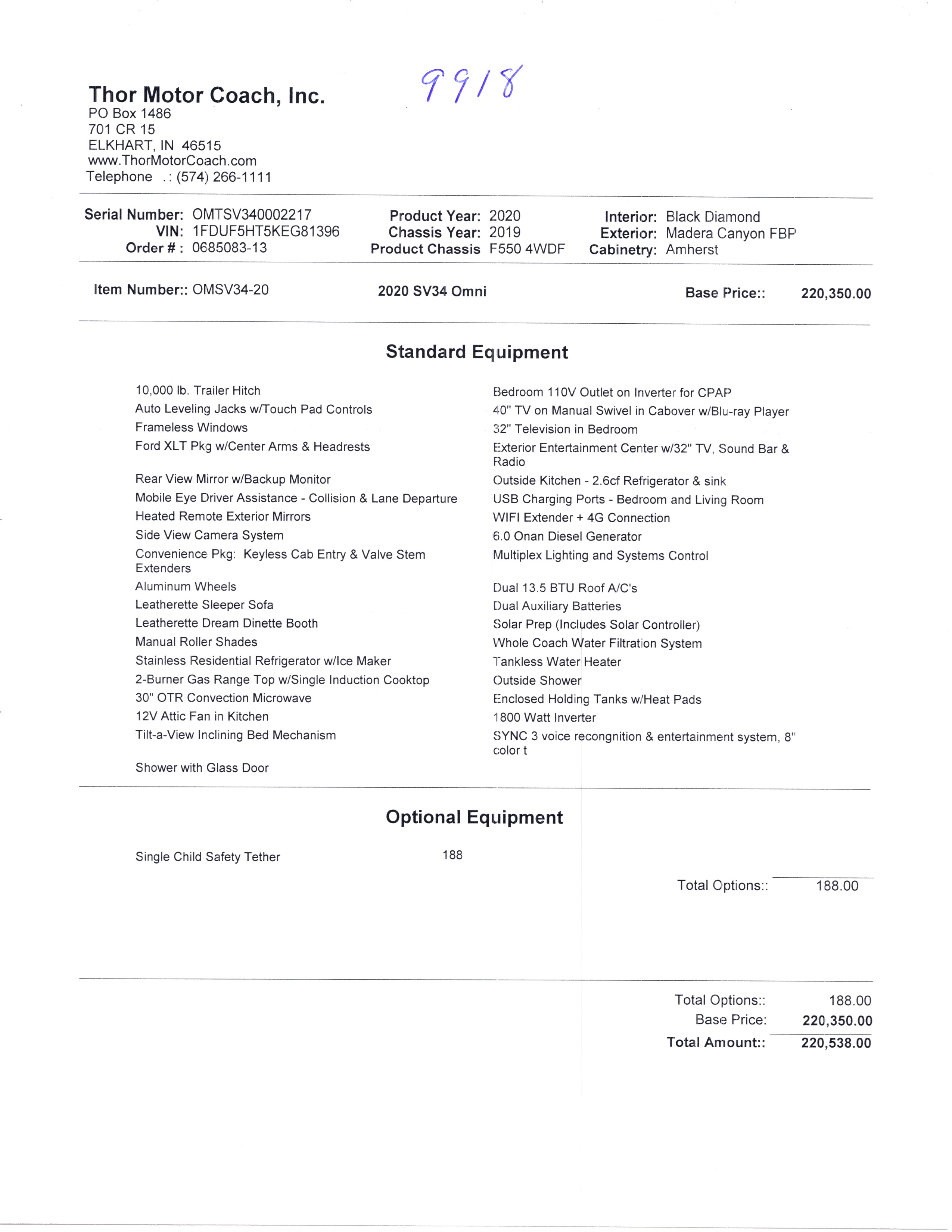 2020 Thor Omni 4x4 SV34 MSRP Sheet