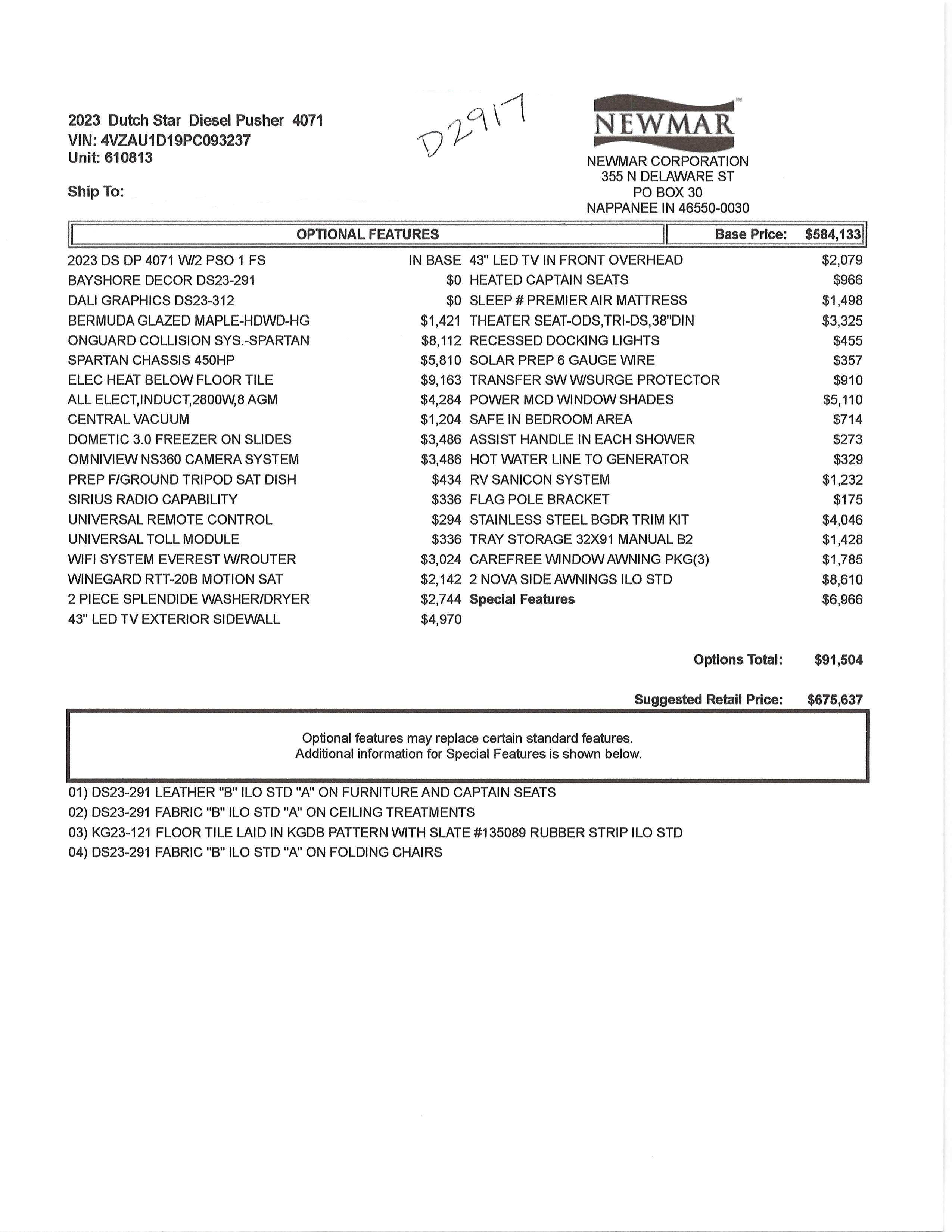 2023 Newmar Dutch Star 4071 MSRP Sheet