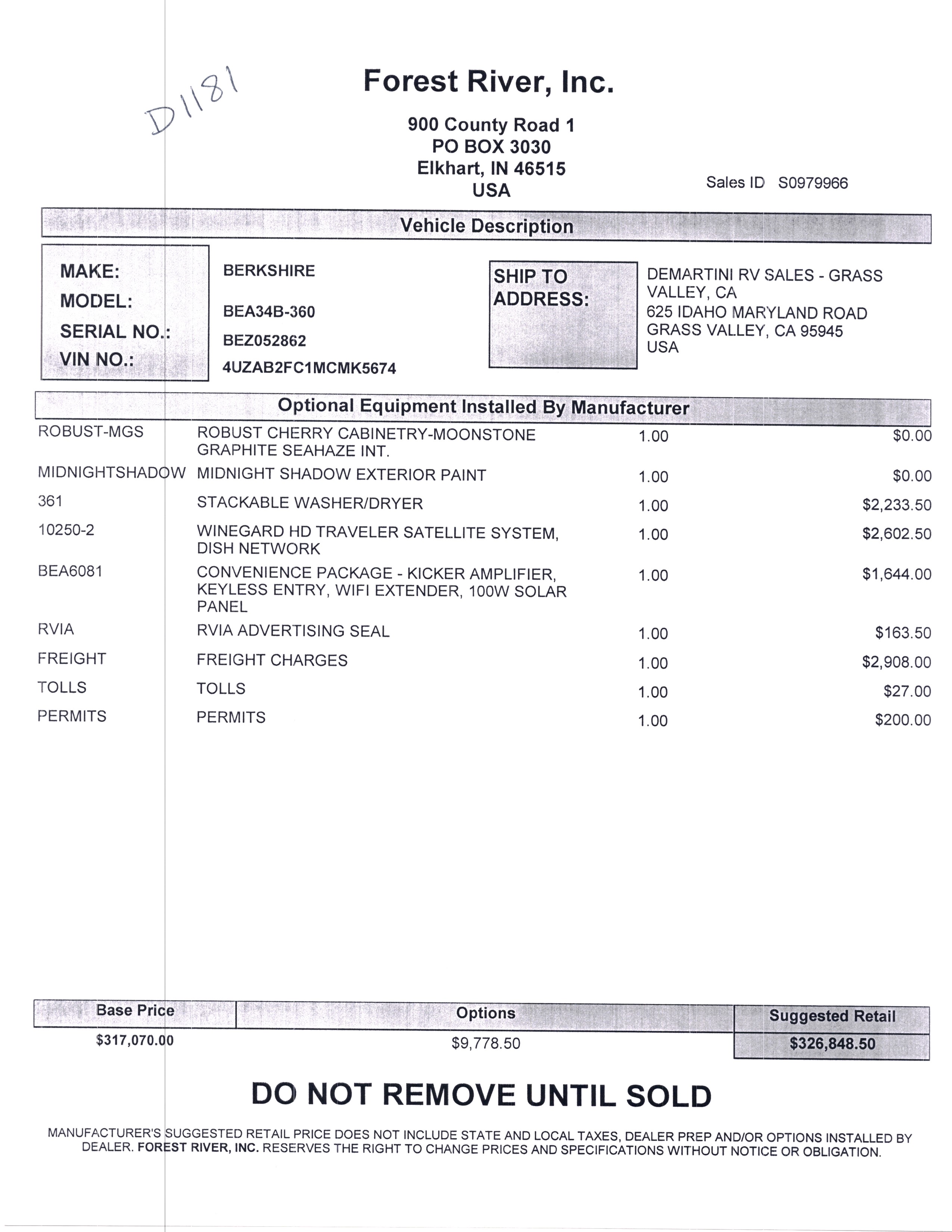 2021 Forest River Berkshire 34B MSRP Sheet