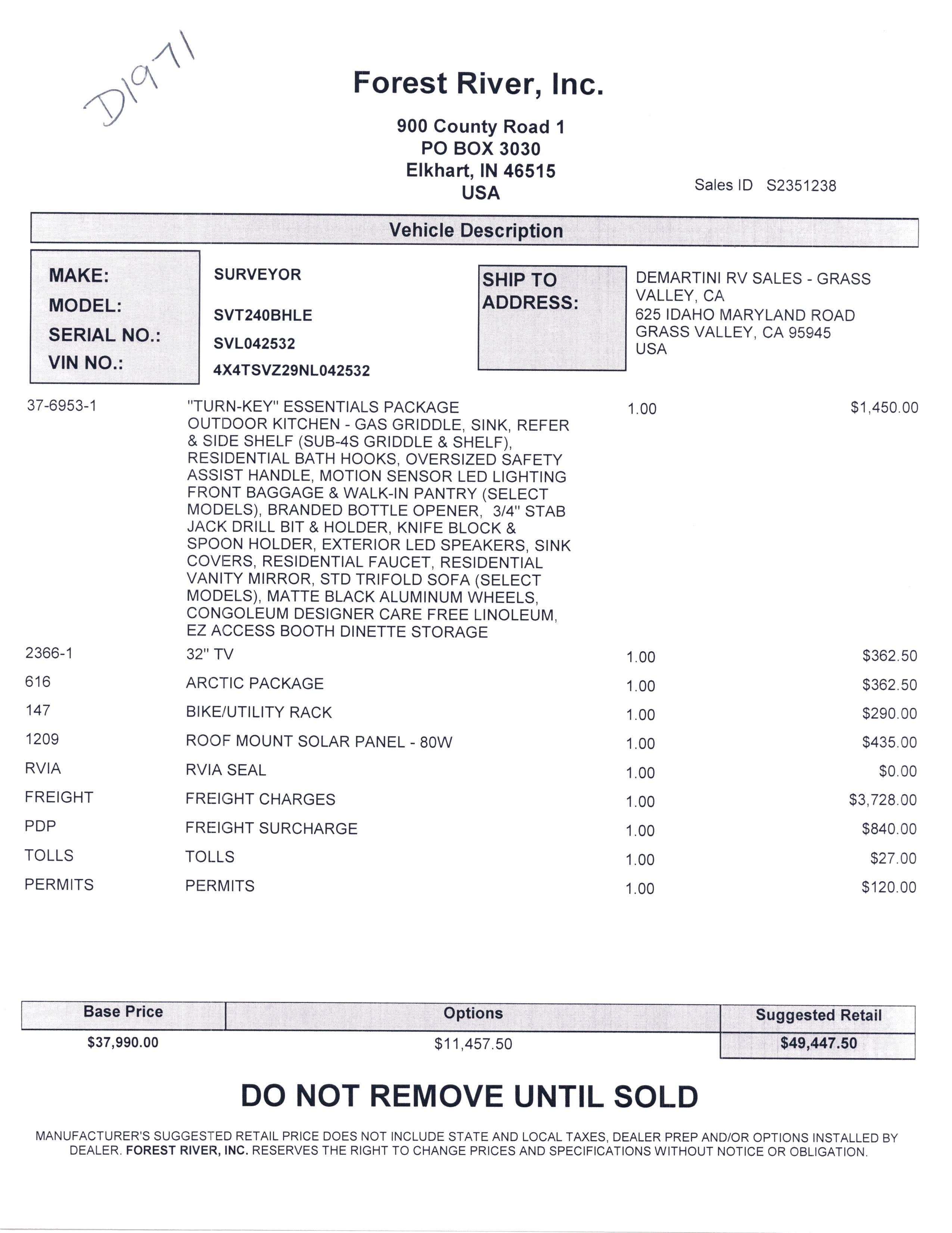 2022 Forest River Surveyor Legend 240BHLE MSRP Sheet