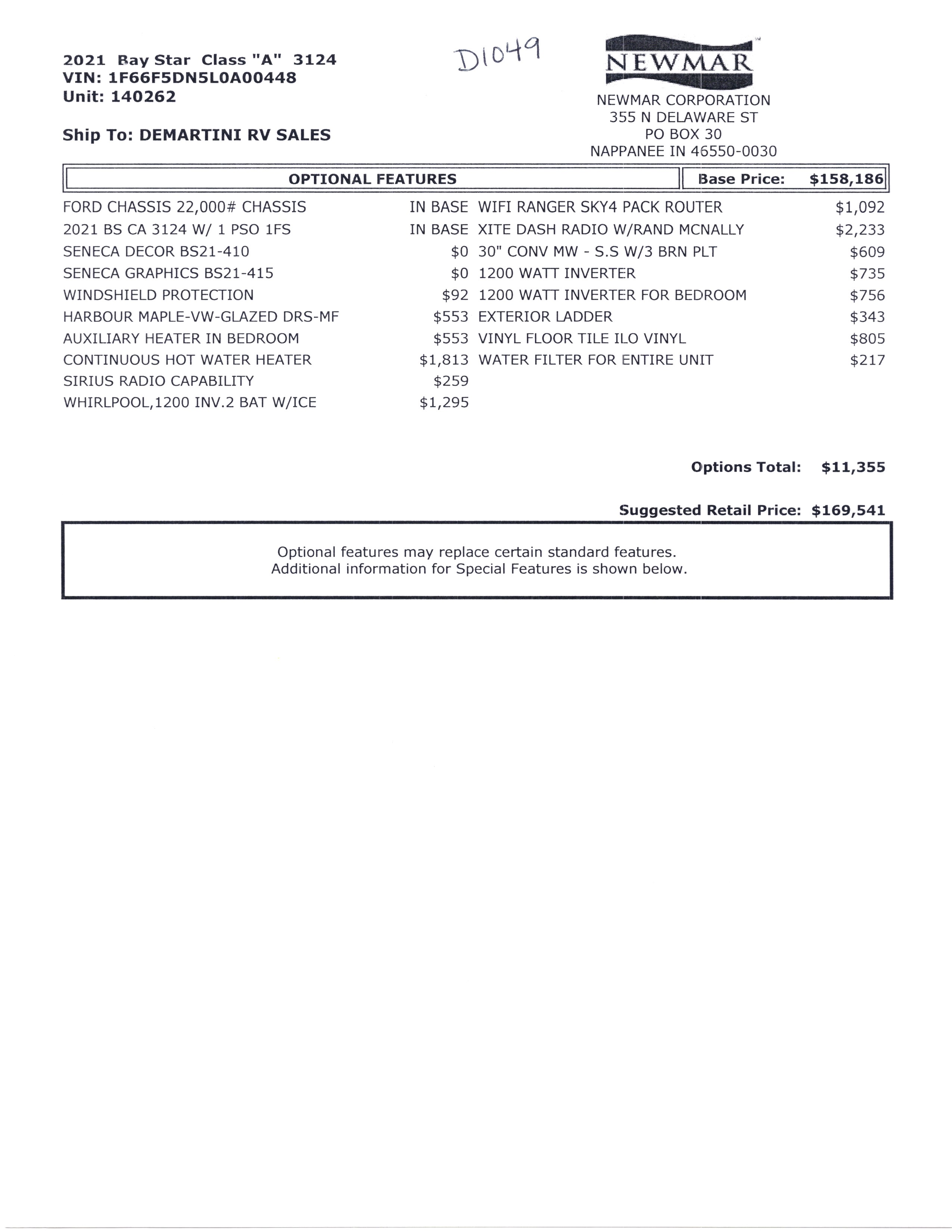 2021 Newmar Bay Star 3124 MSRP Sheet