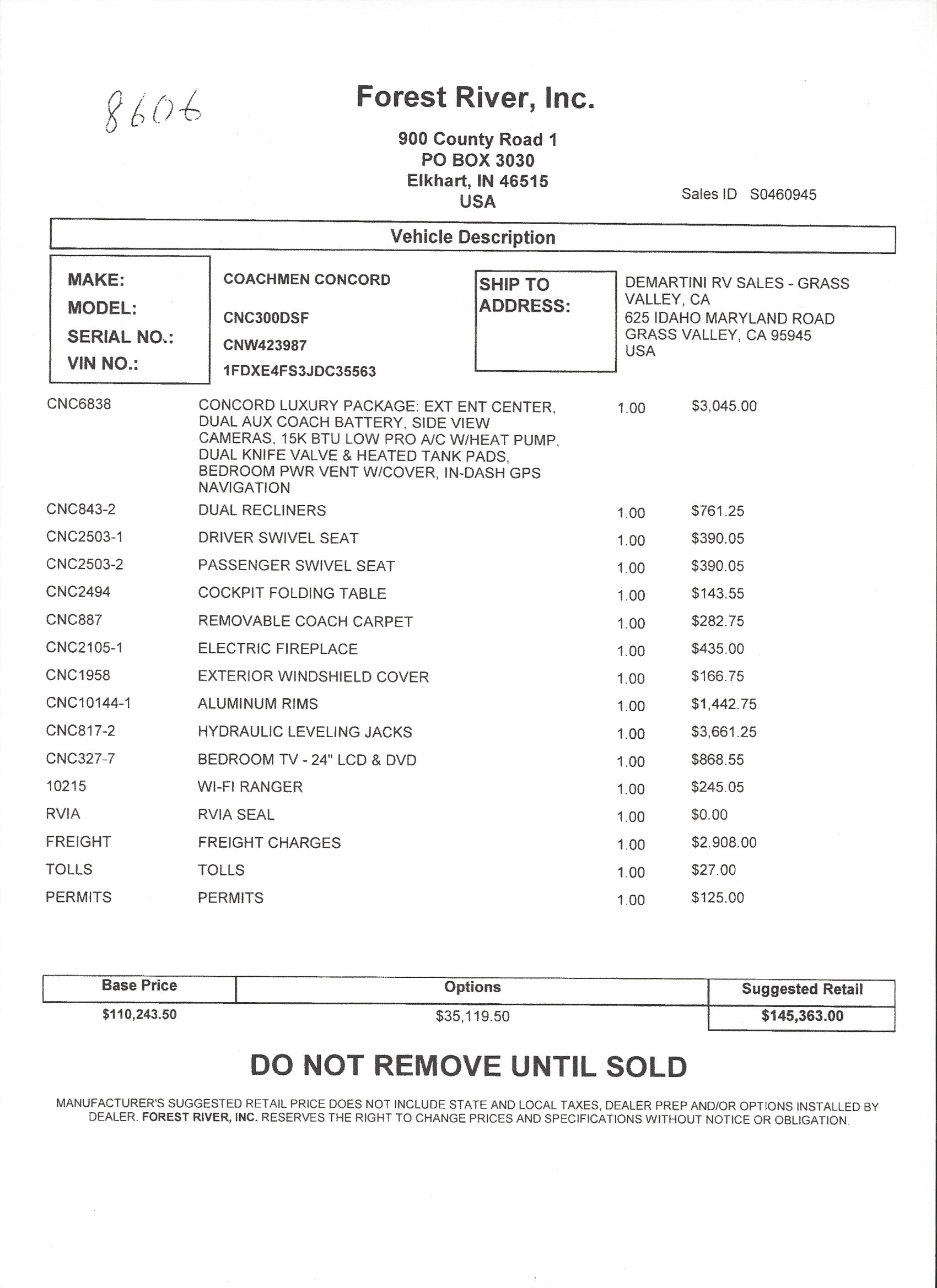 2019 Coachmen Concord MSRP Sheet