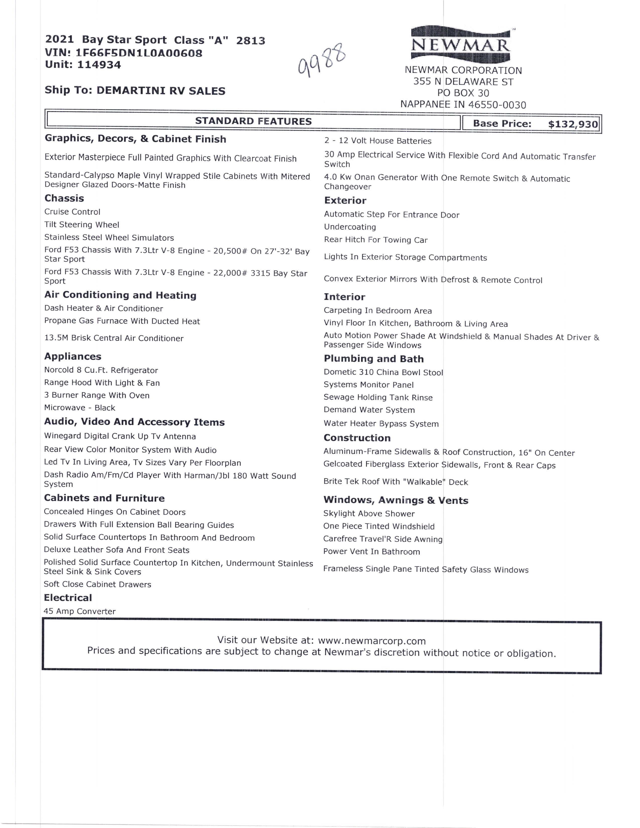 2021 Newmar Bay Star Sport 2813 MSRP Sheet