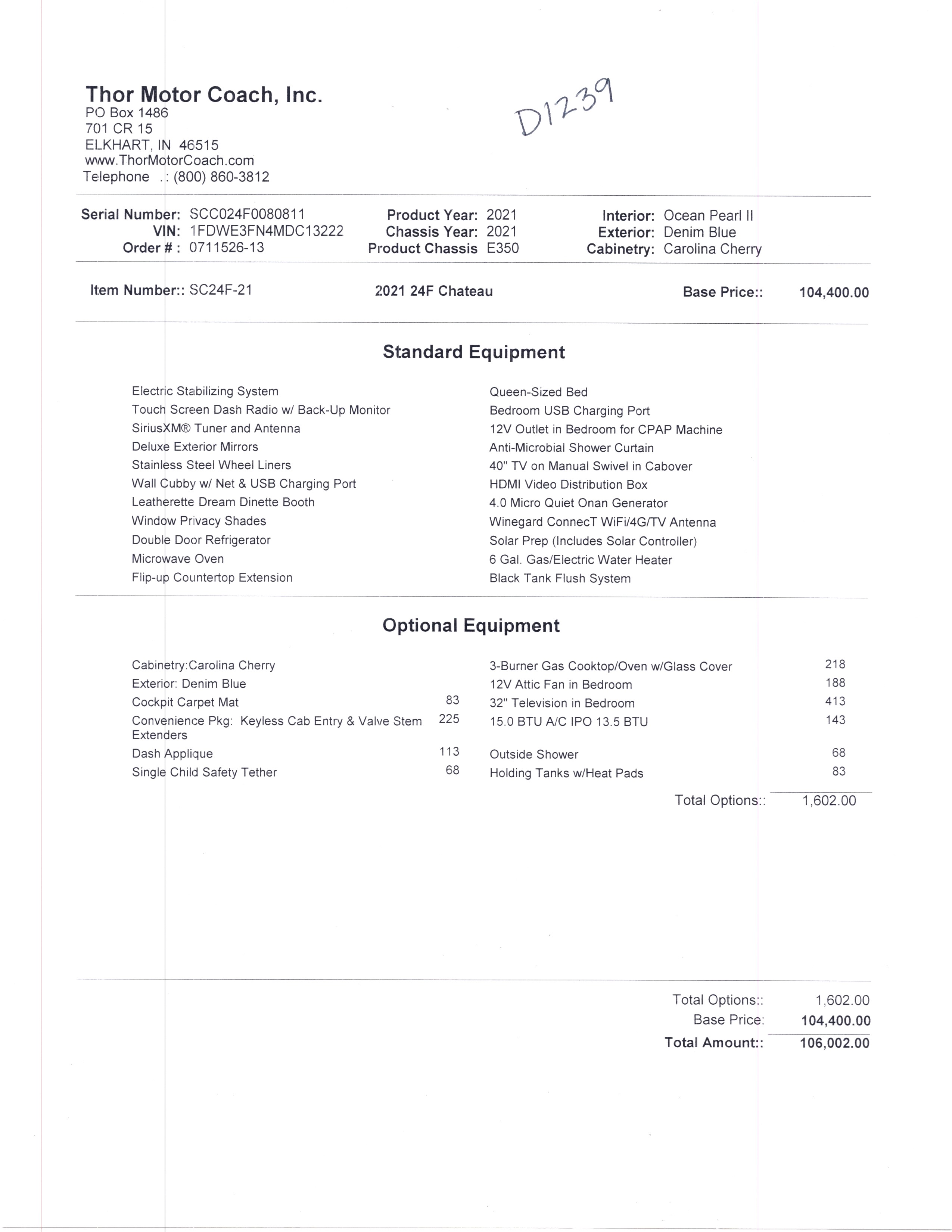 2021 Thor Chateau 24F MSRP Sheet