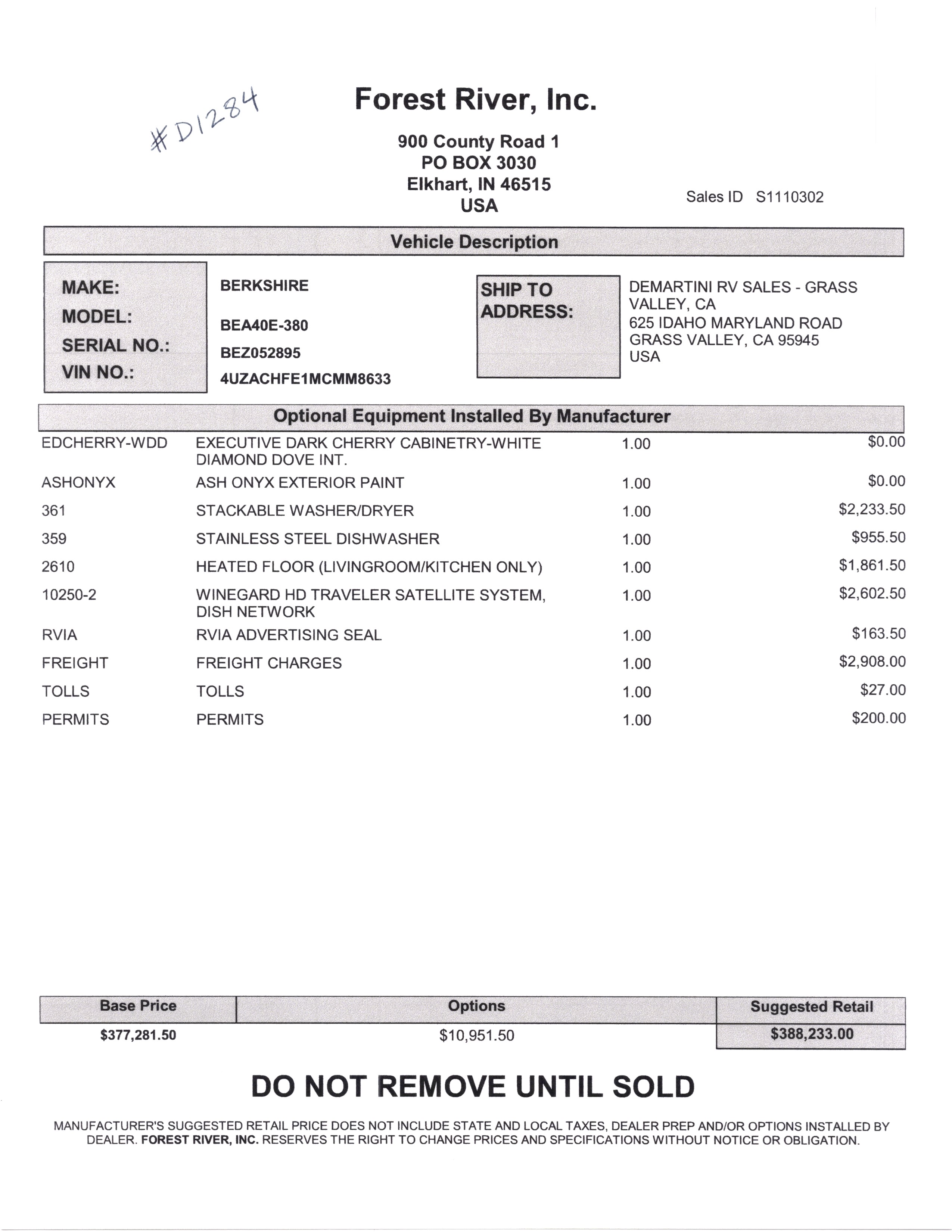 2021 Forest River Berkshire XL 40E MSRP Sheet