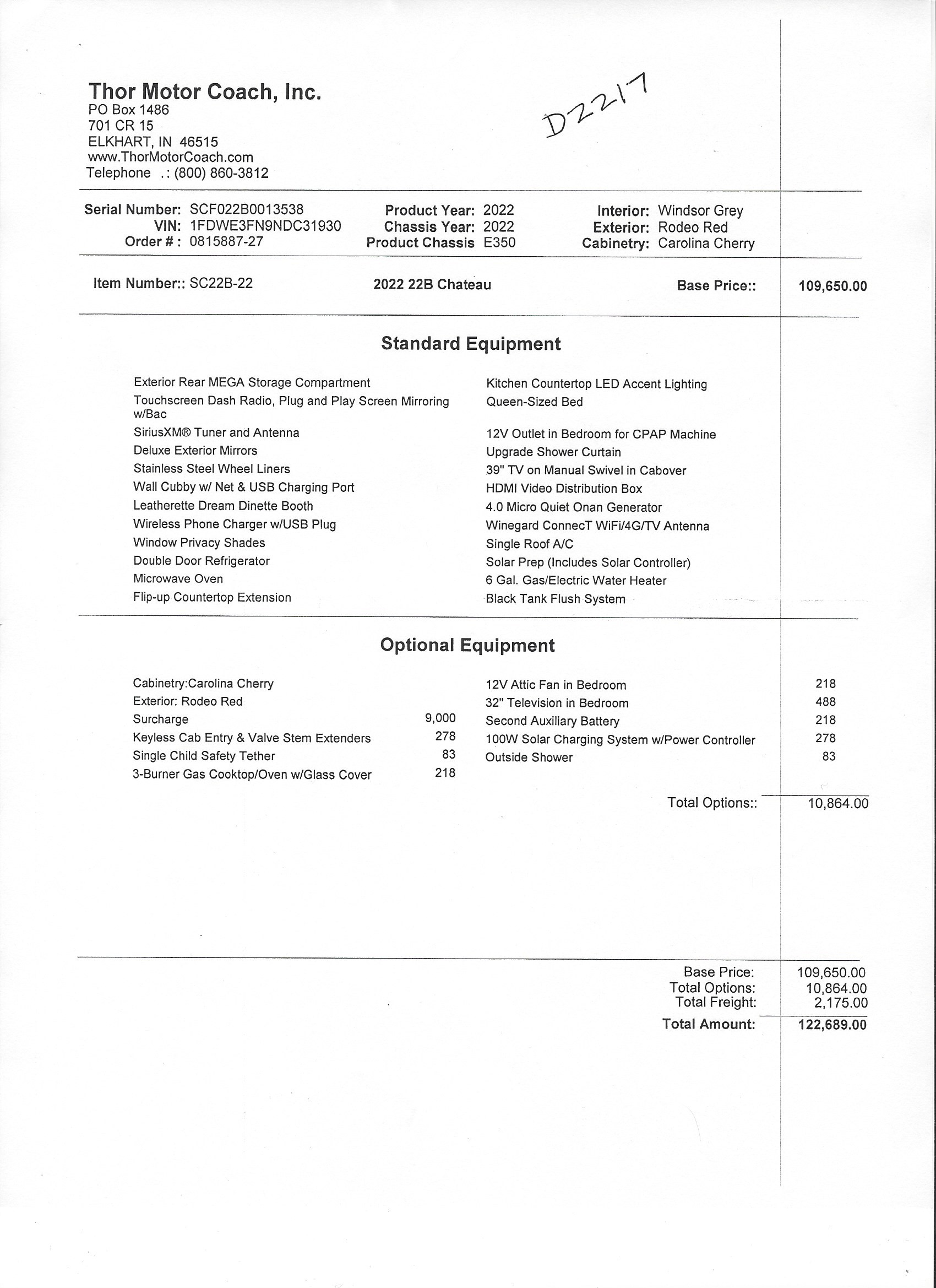 2022 Thor Chateau 22B MSRP Sheet