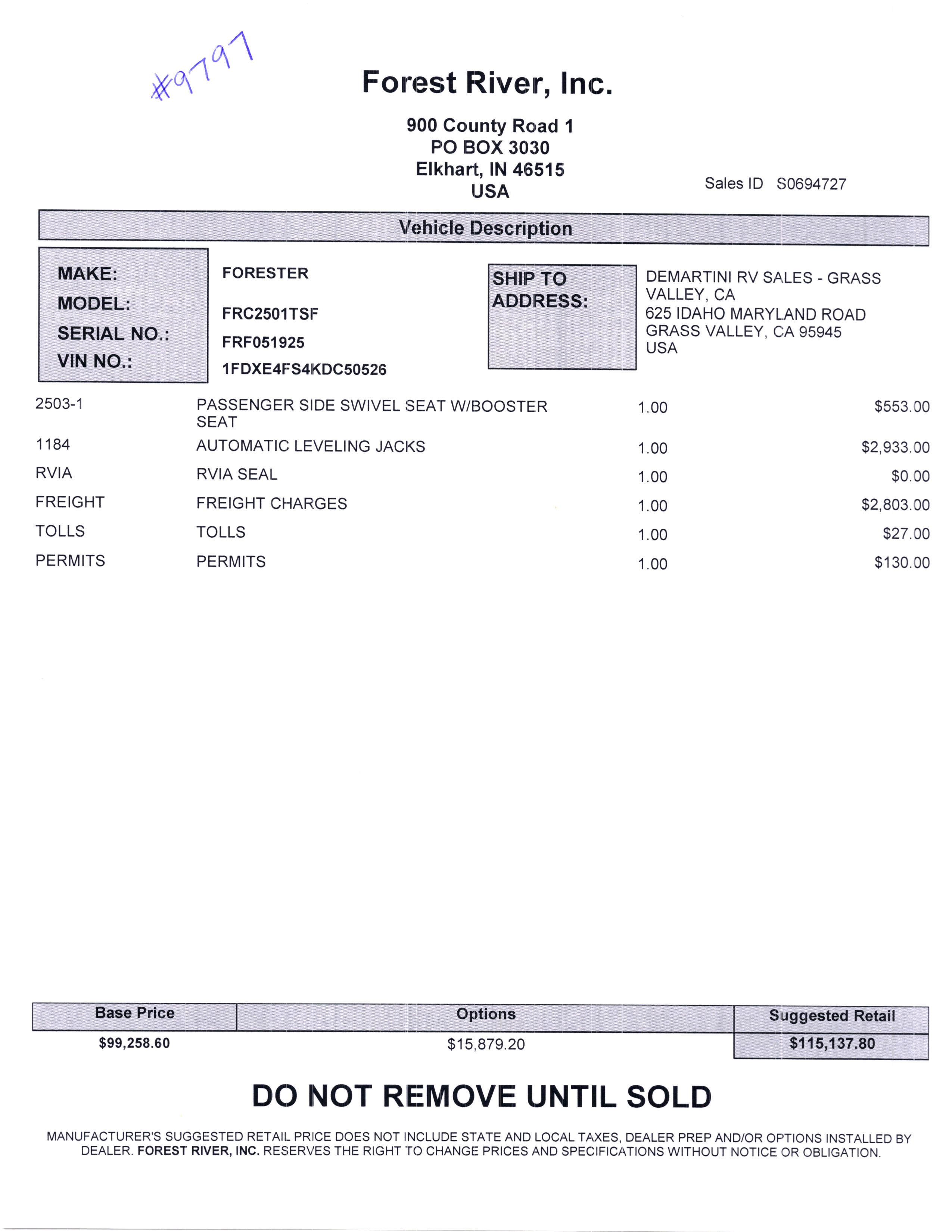 2020 Forest River Forester 2501TS MSRP Sheet