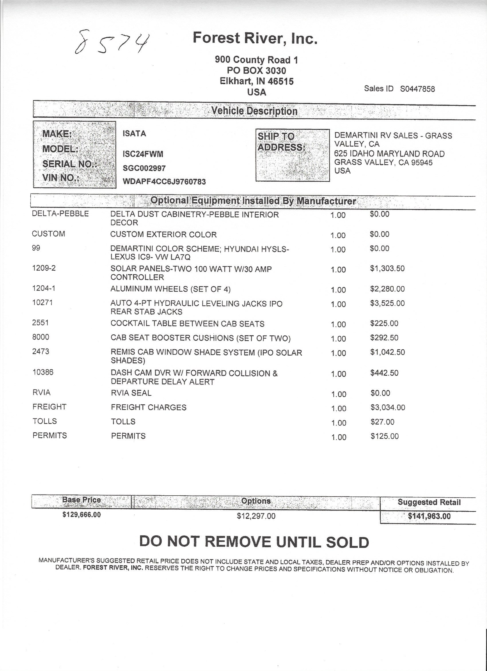 2019 Dynamax Isata 3 24FW MSRP Sheet