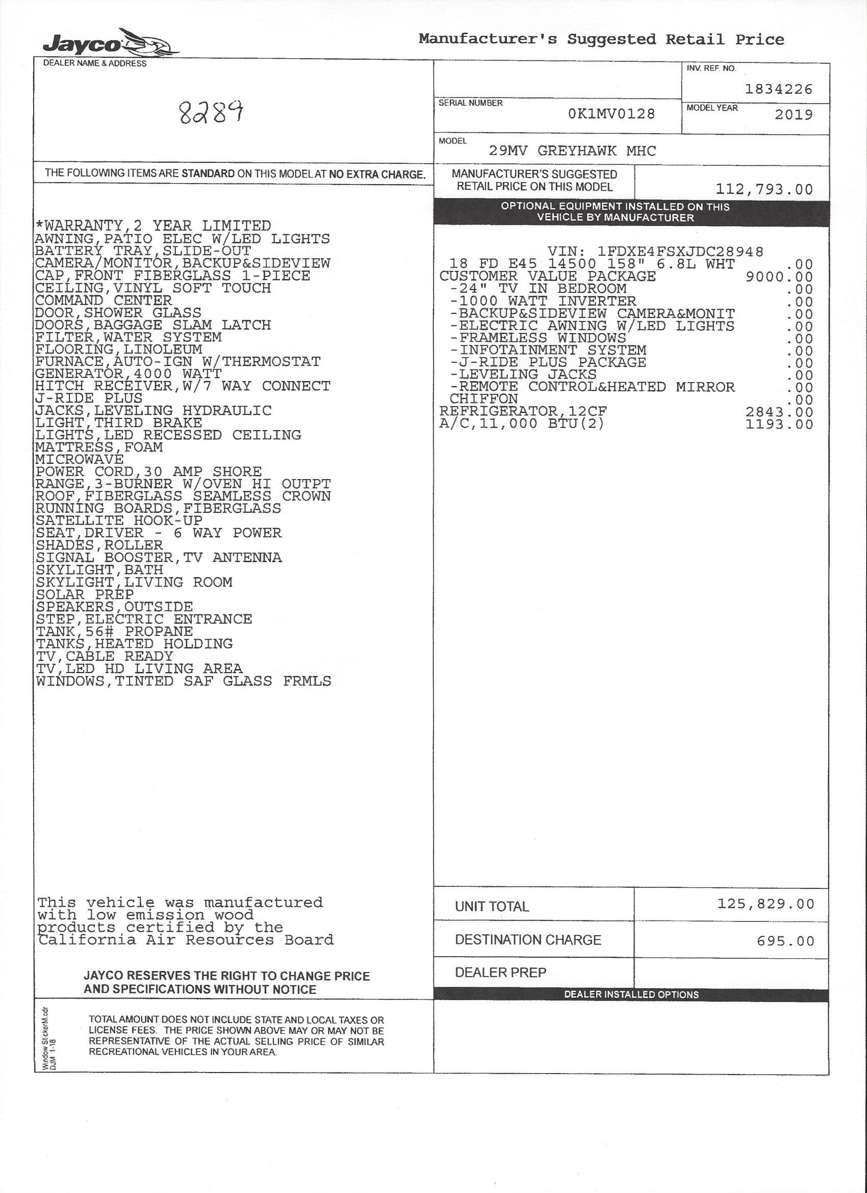 2019 Jayco Greyhawk 29MV MSRP Sheet