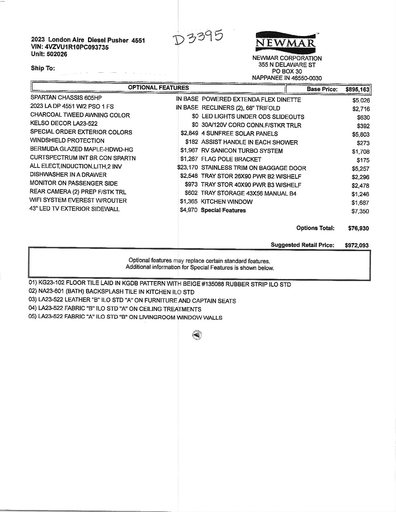 2023 Newmar London Aire 4551 MSRP Sheet