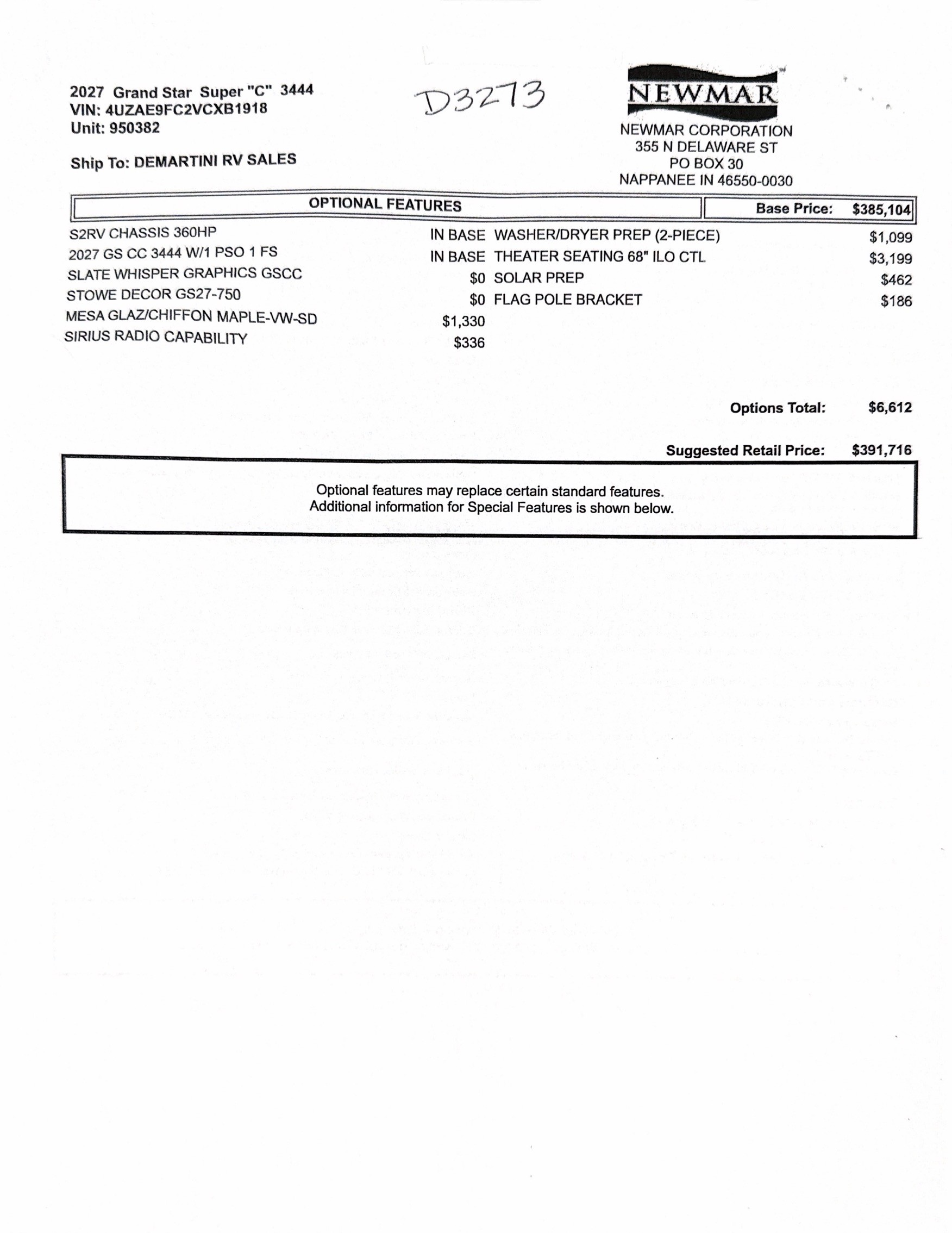 2027 Newmar Grand Star 3444 MSRP Sheet