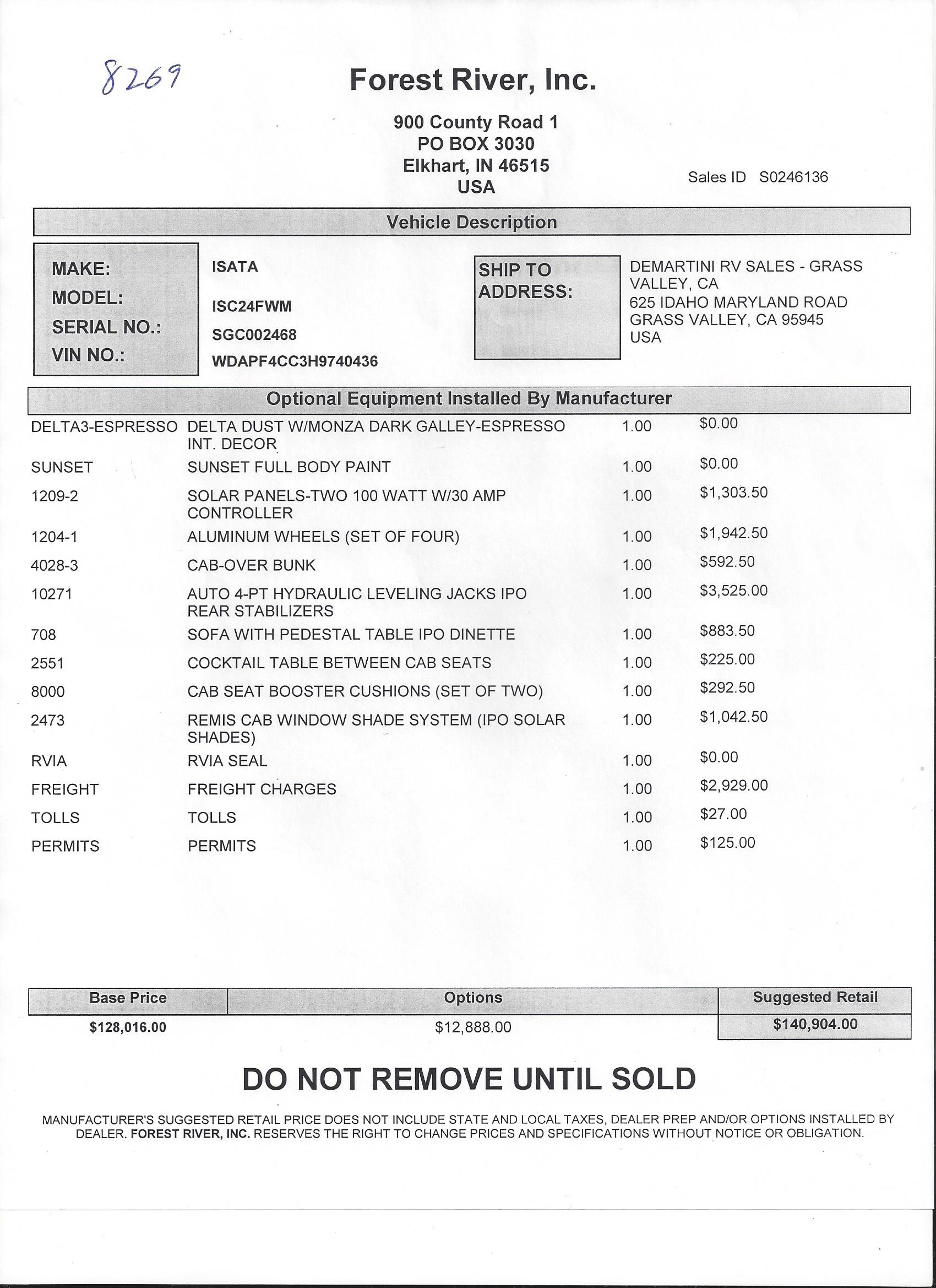 2019 Dynamax Isata 3 24FW MSRP Sheet