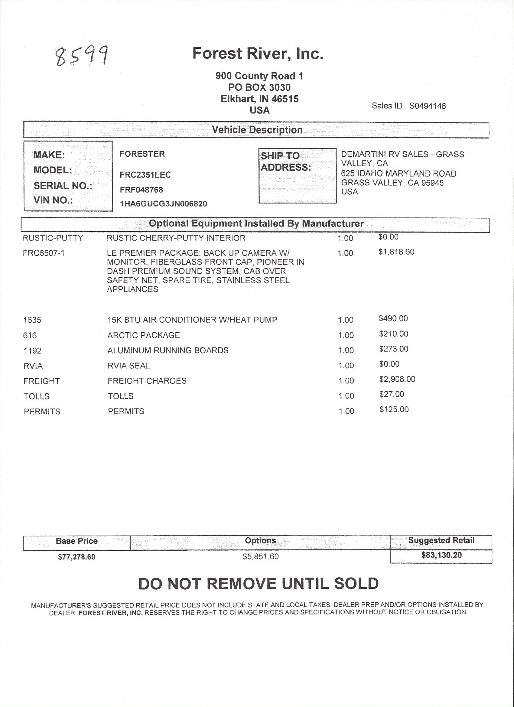 2019 Forest River Forester LE 2351LE MSRP Sheet