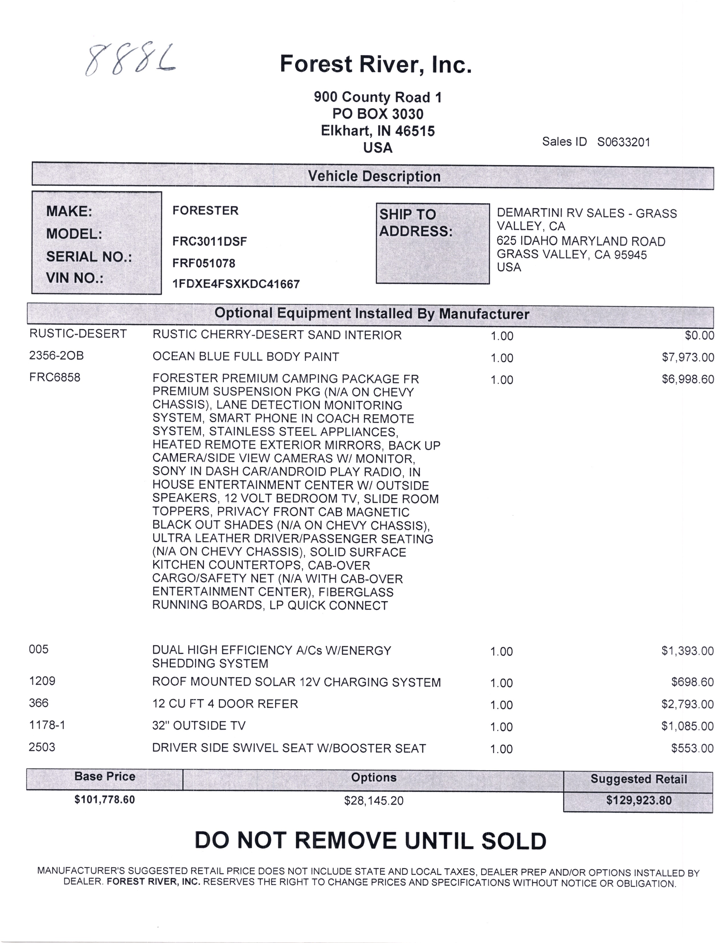 2020 Forest River Forester 3011DS MSRP Sheet