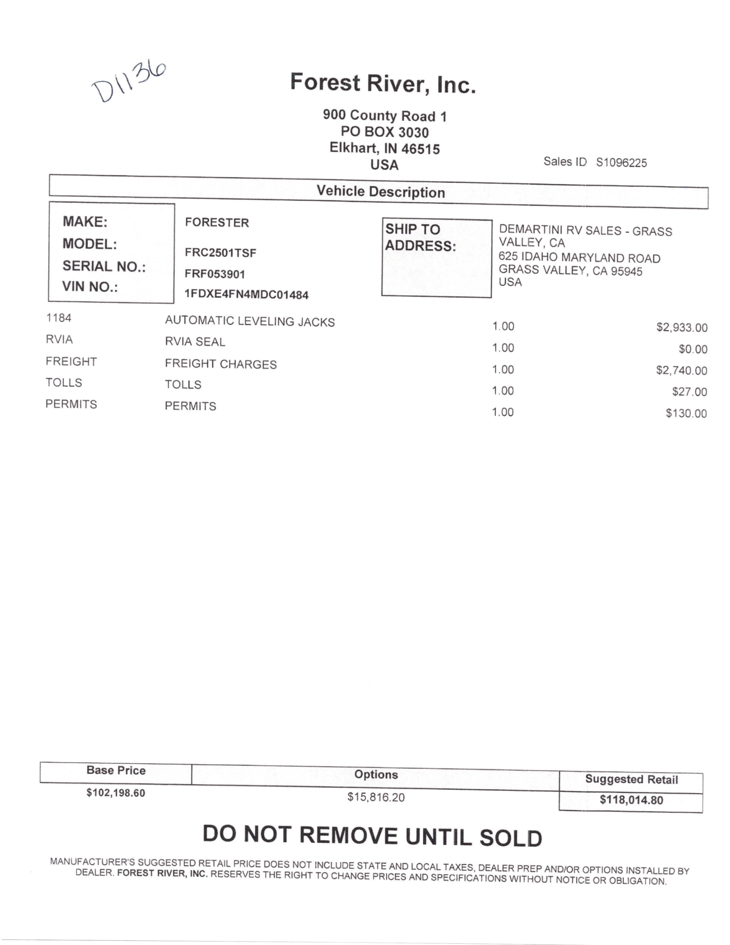 2021 Forest River Forester 2501TS MSRP Sheet