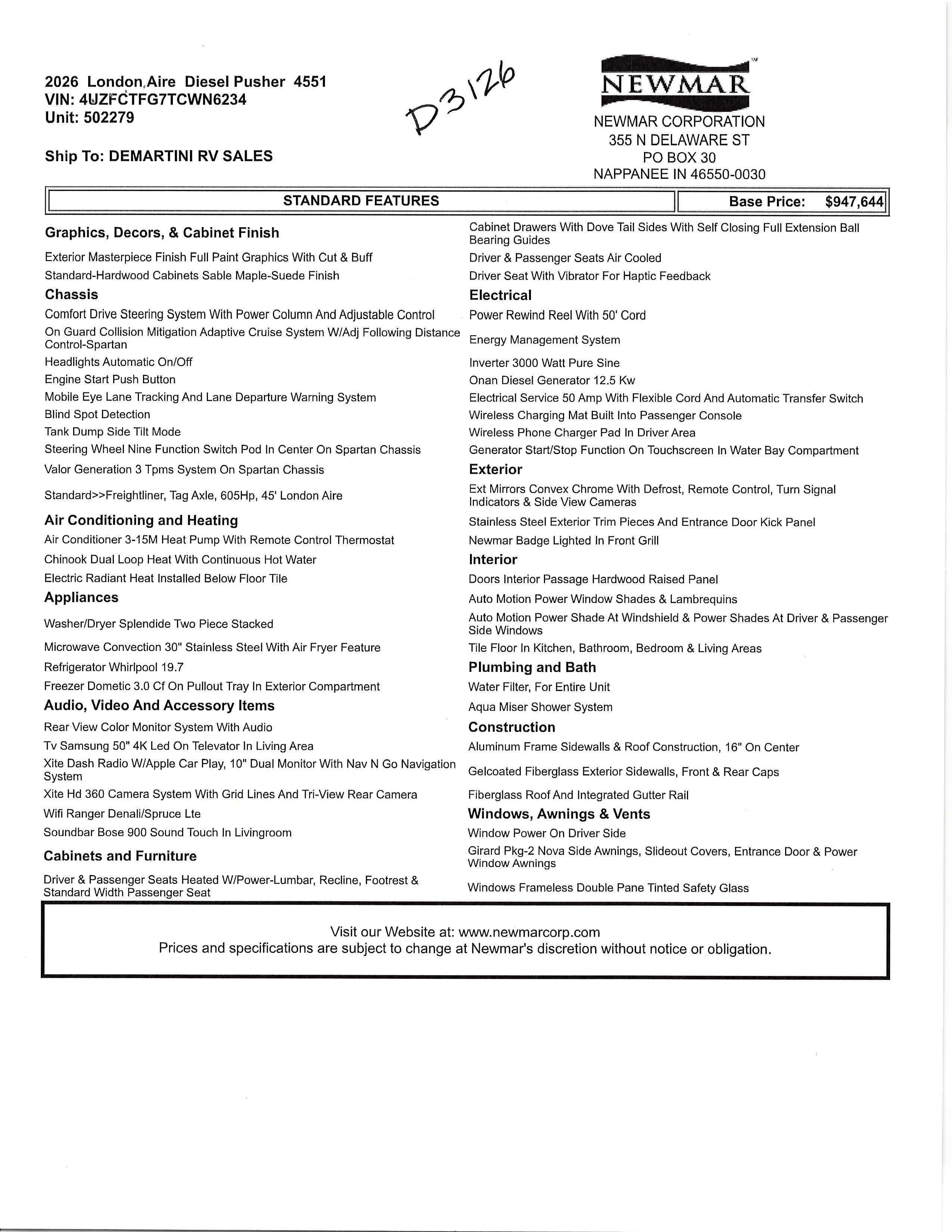 2026 Newmar London Aire 4551 MSRP Sheet