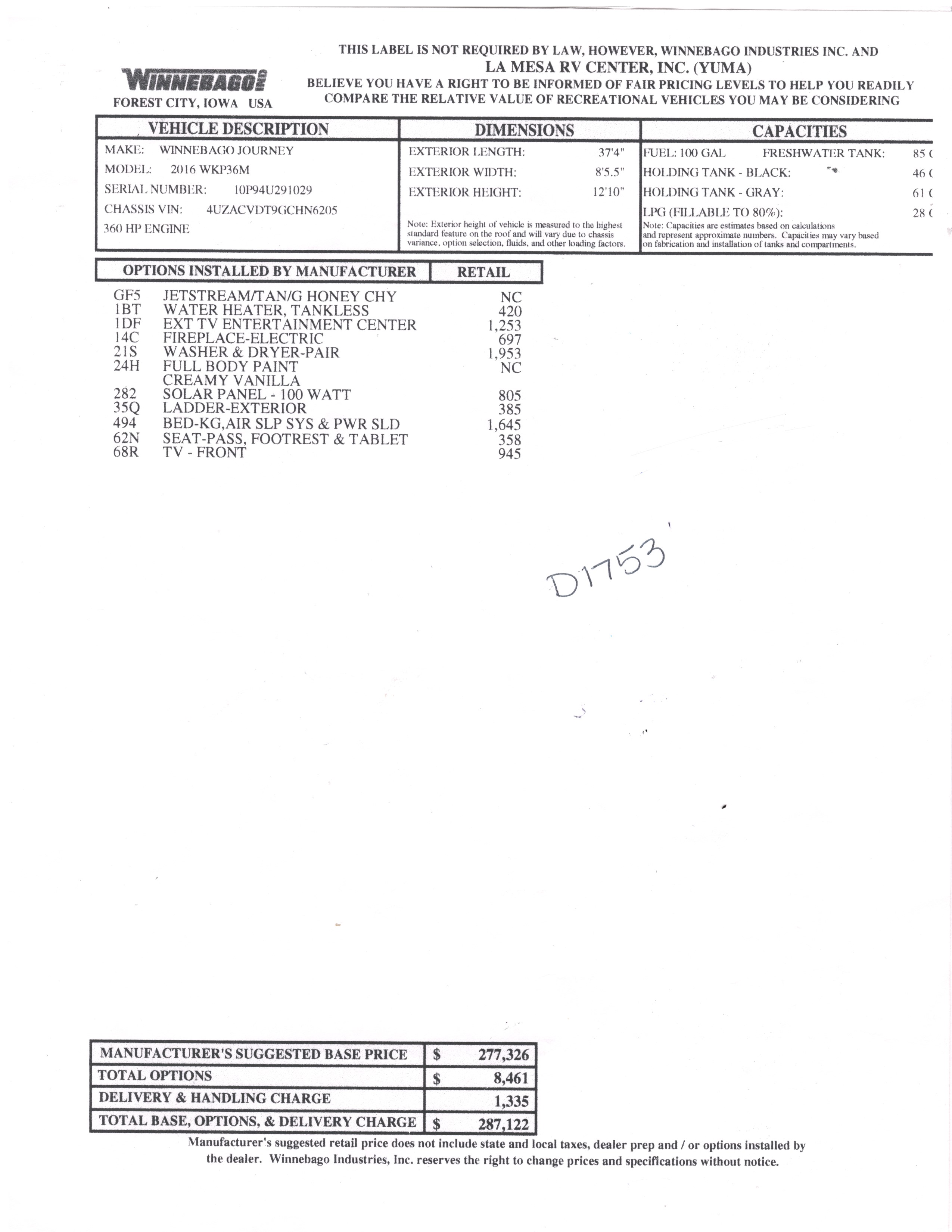 2016 Winnebago Journey 36M MSRP Sheet