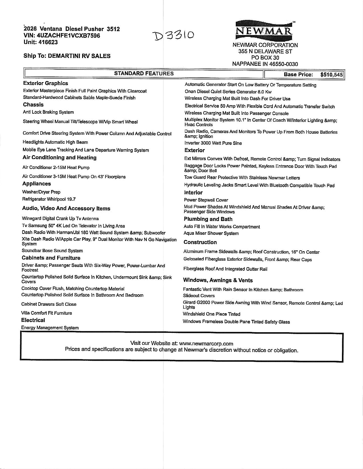 2026 Newmar Ventana 3512 MSRP Sheet