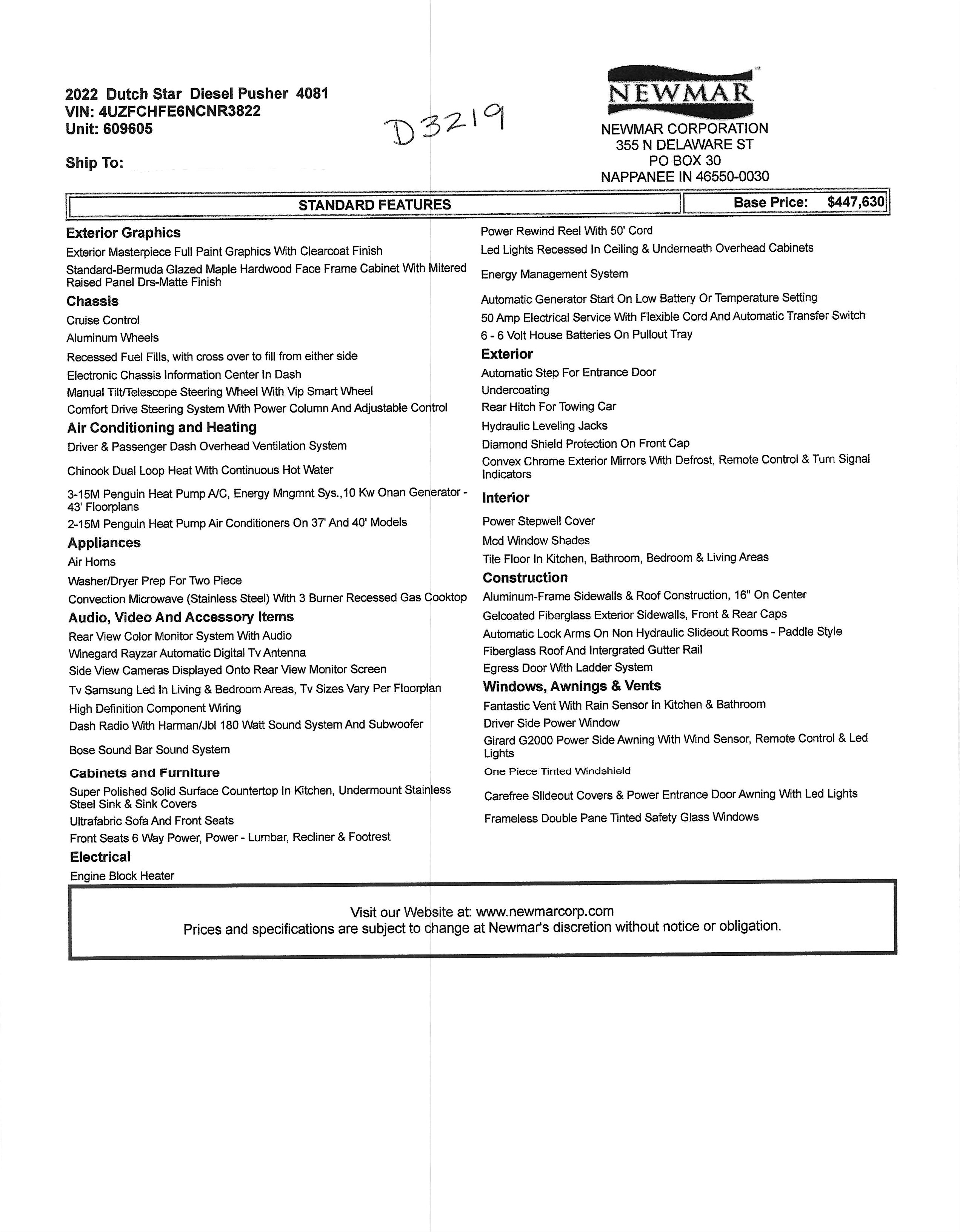 2022 Newmar Dutch Star 4081 MSRP Sheet