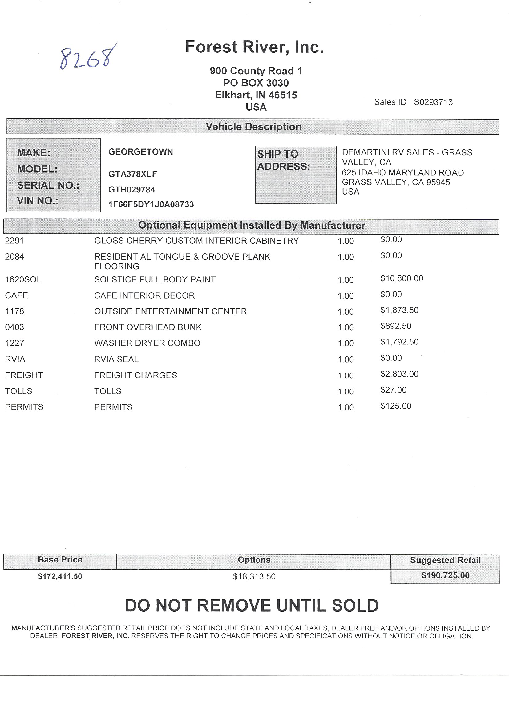 2019 Forest River Georgetown XL 378XL MSRP Sheet