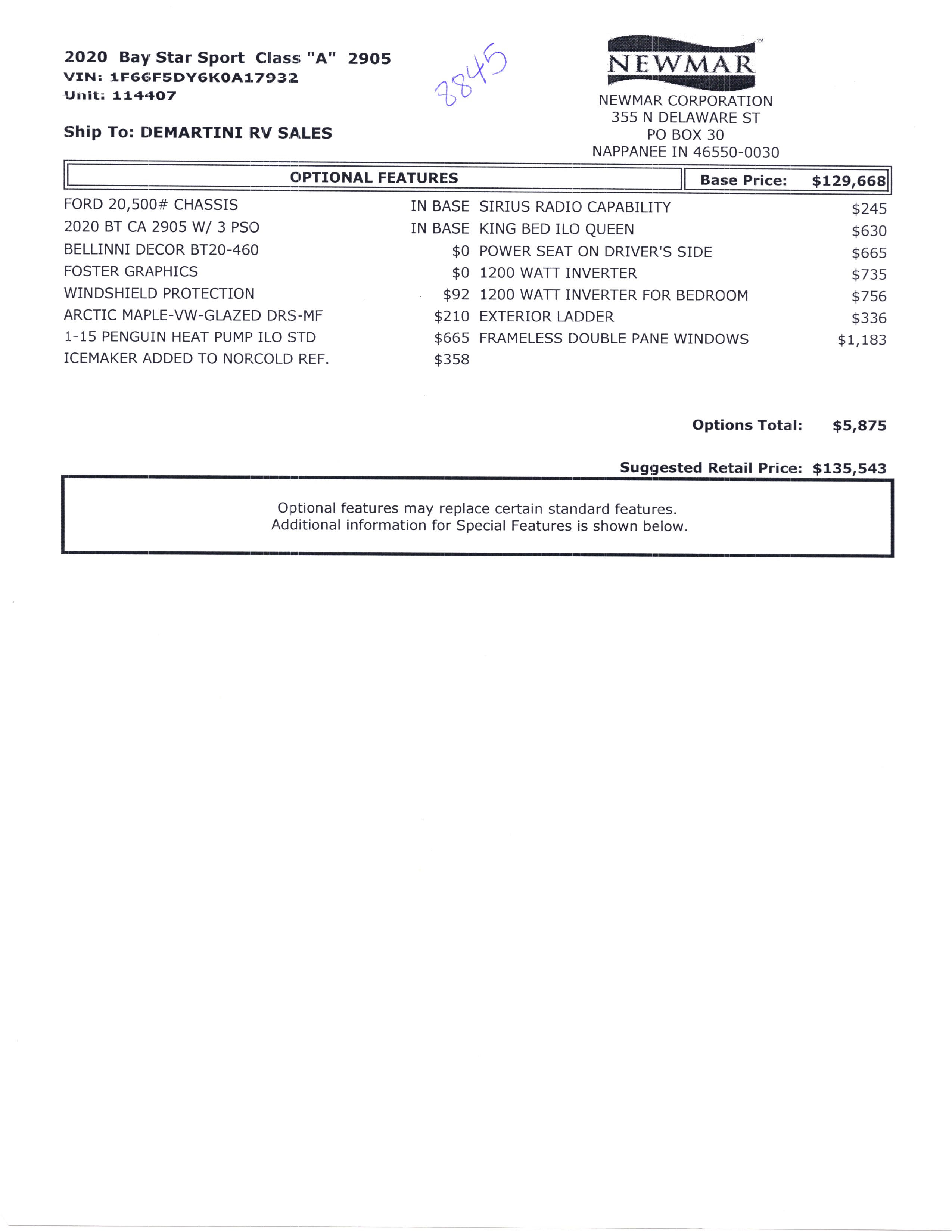 2020 Newmar Bay Star Sport 2905 MSRP Sheet