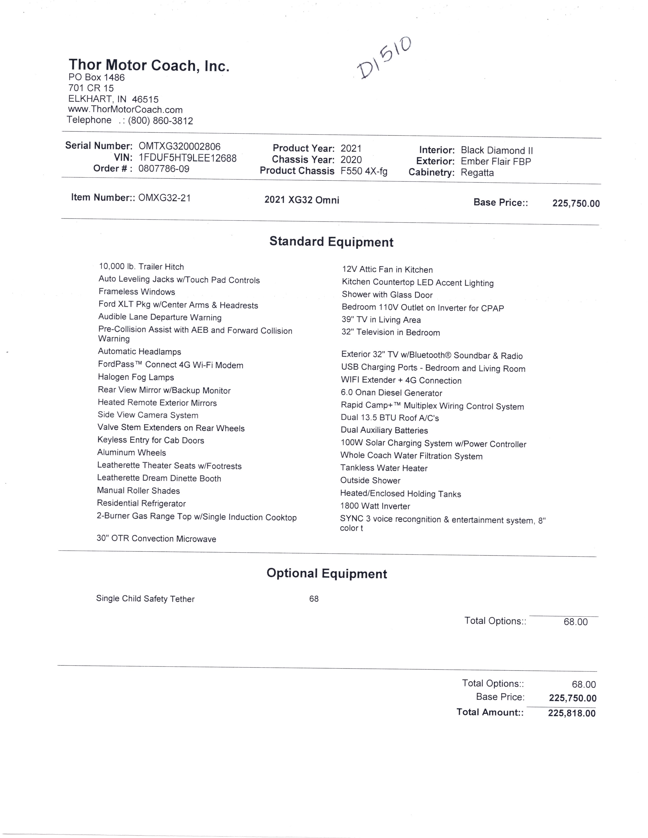 2021 Thor Omni 4x4 XG32 MSRP Sheet