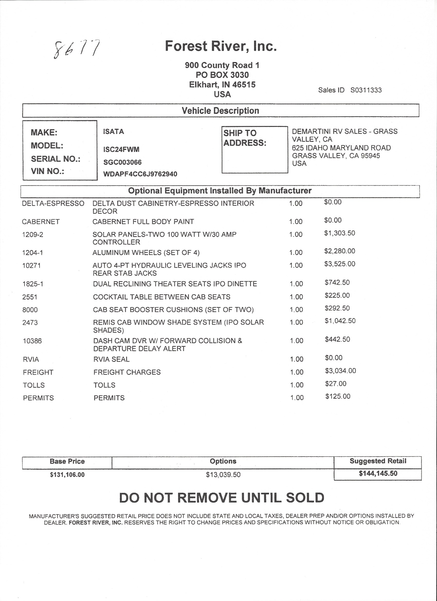 2019 Dynamax Isata 3 24FW MSRP Sheet