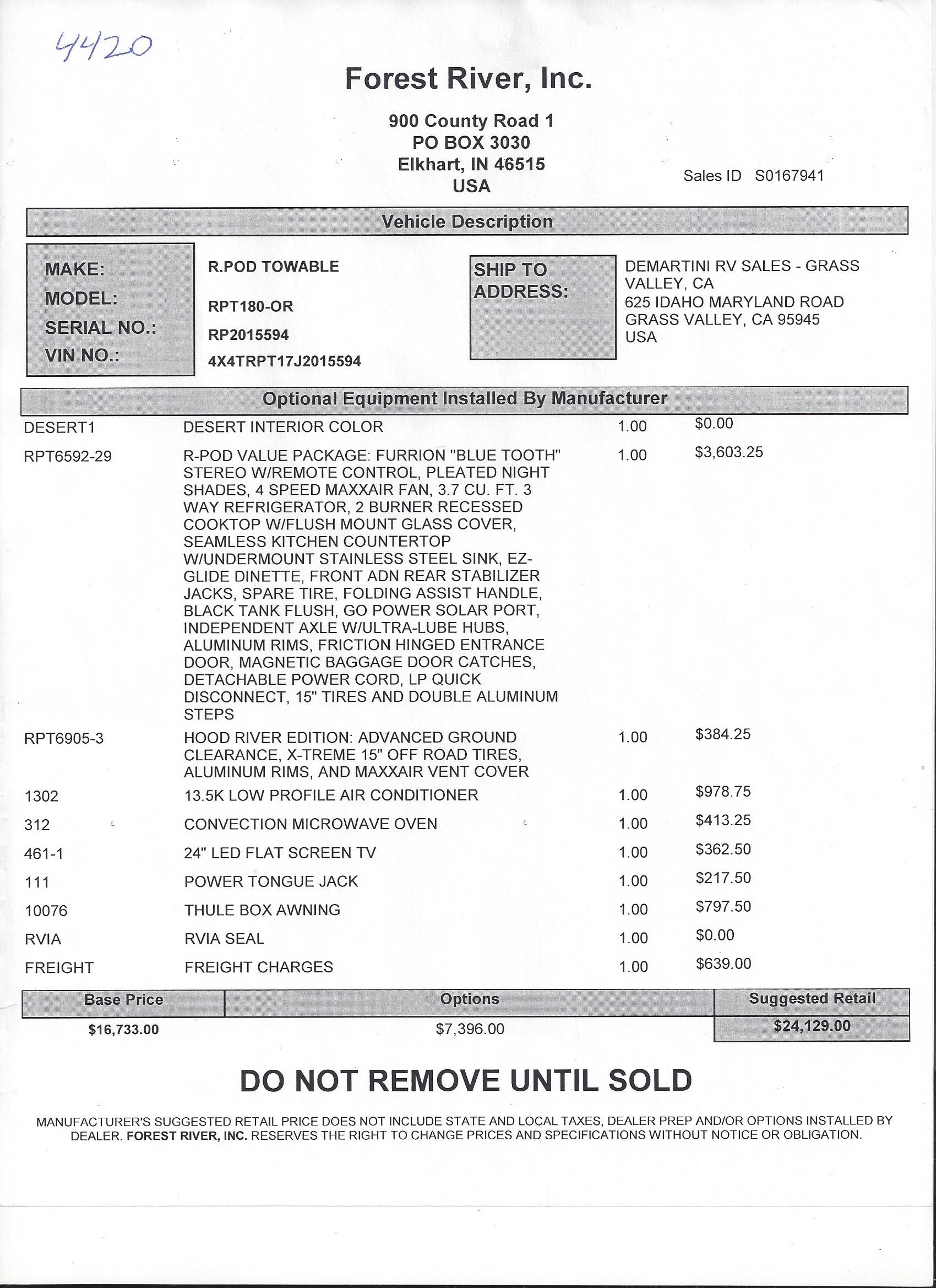 2018 Forest River R-Pod 180 MSRP Sheet