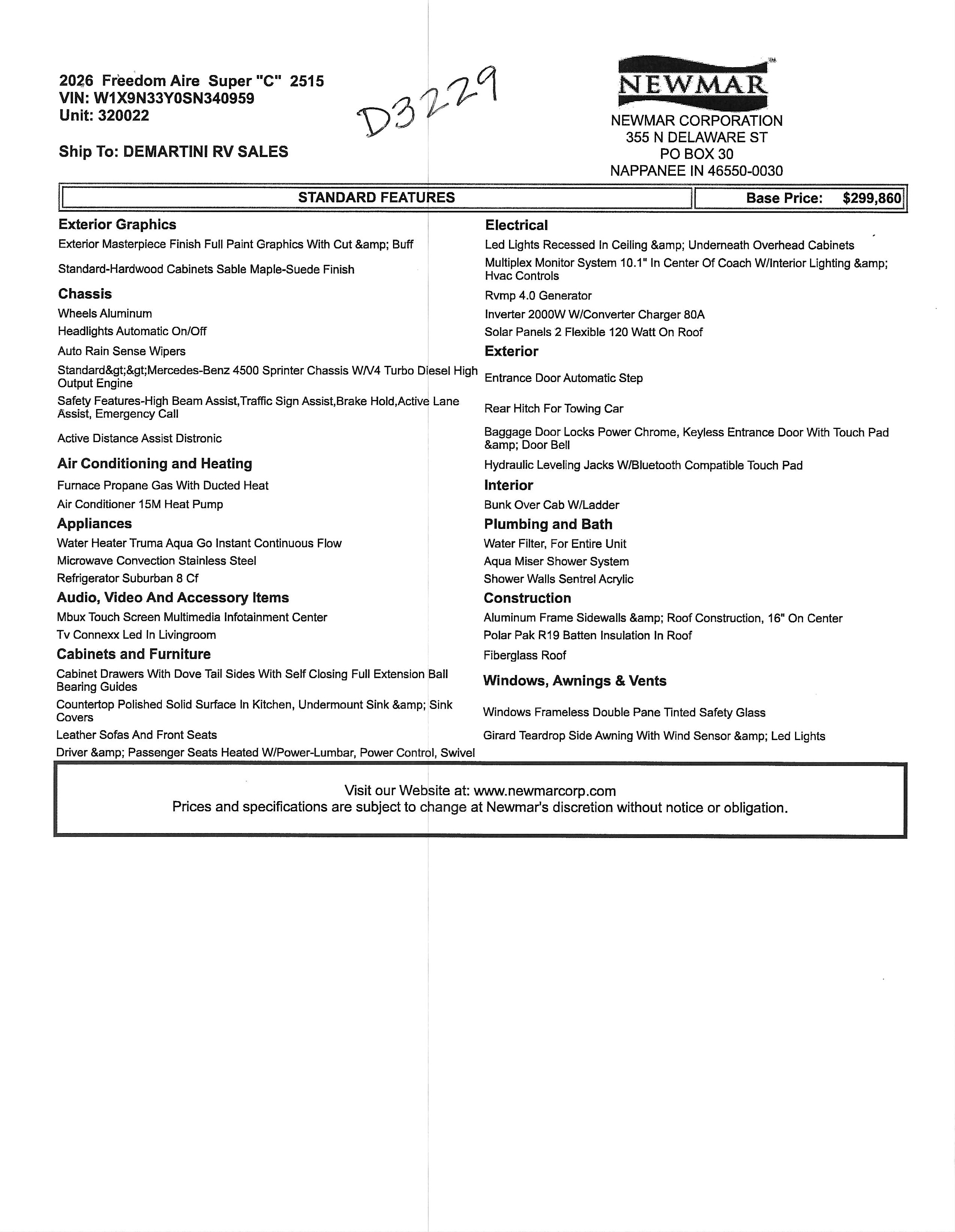 2026 Newmar Freedom Aire 2515 MSRP Sheet