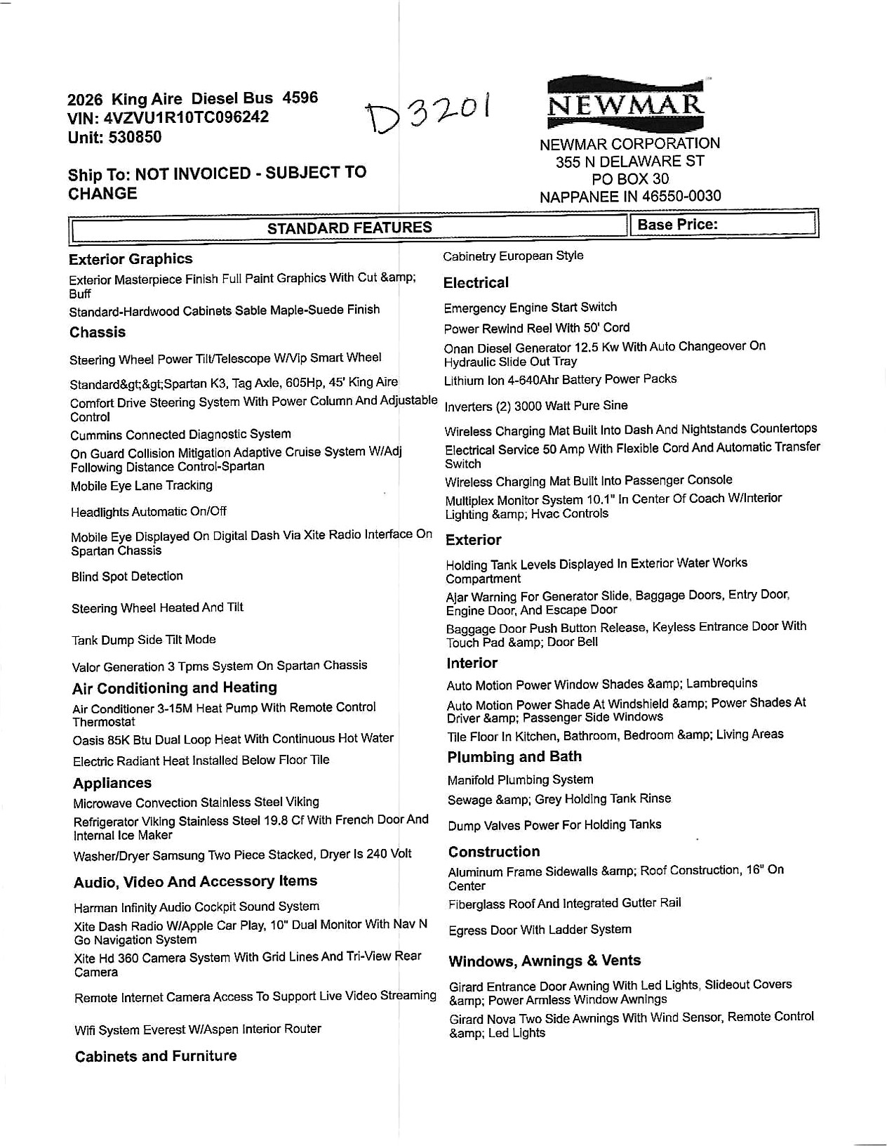 2026 Newmar King Aire 4596 MSRP Sheet