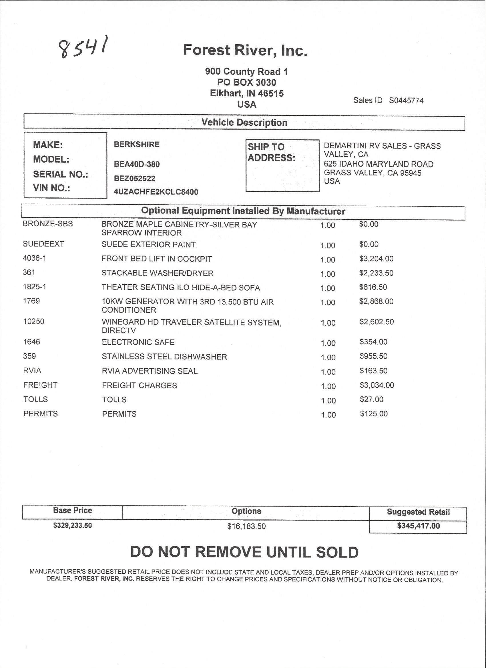 2019 Forest River Berkshire XL 40D MSRP Sheet