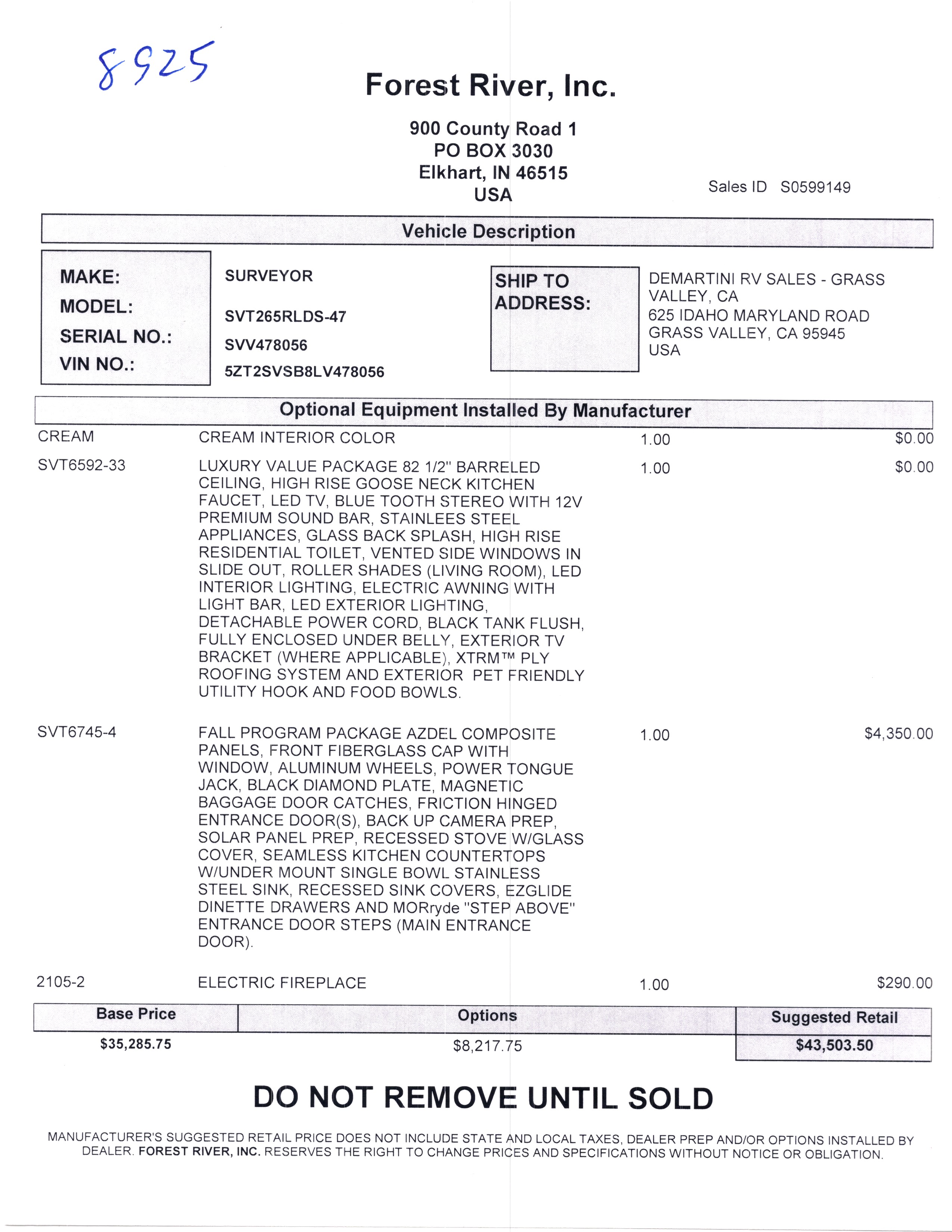 2020 Forest River Surveyor 265RLDS MSRP Sheet