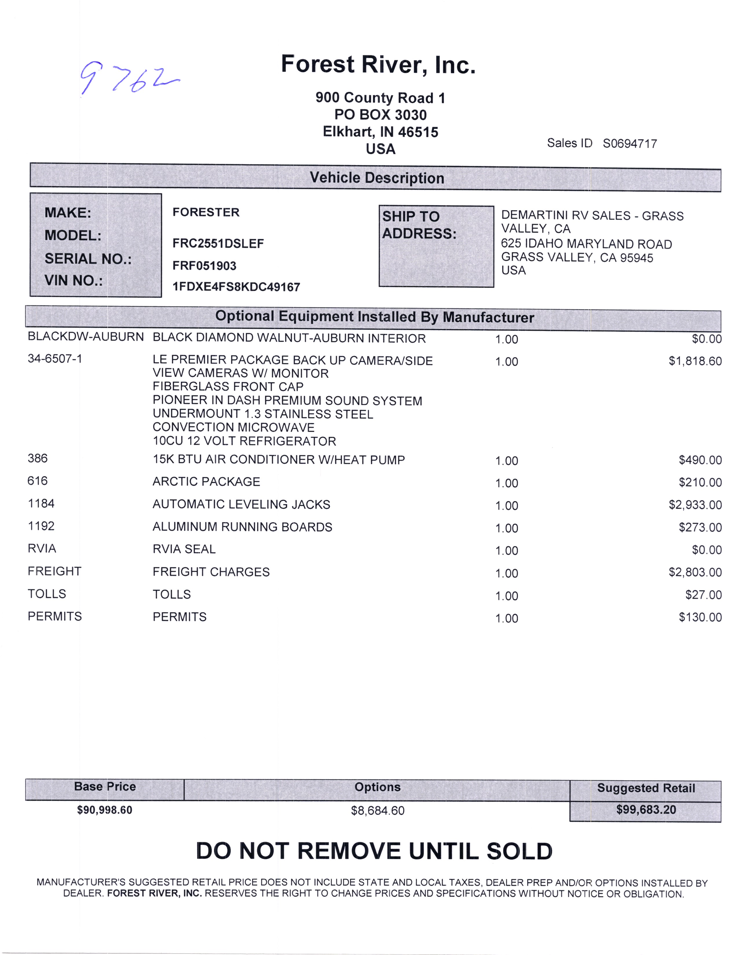 2020 Forest River Forester LE 2551DSLE MSRP Sheet