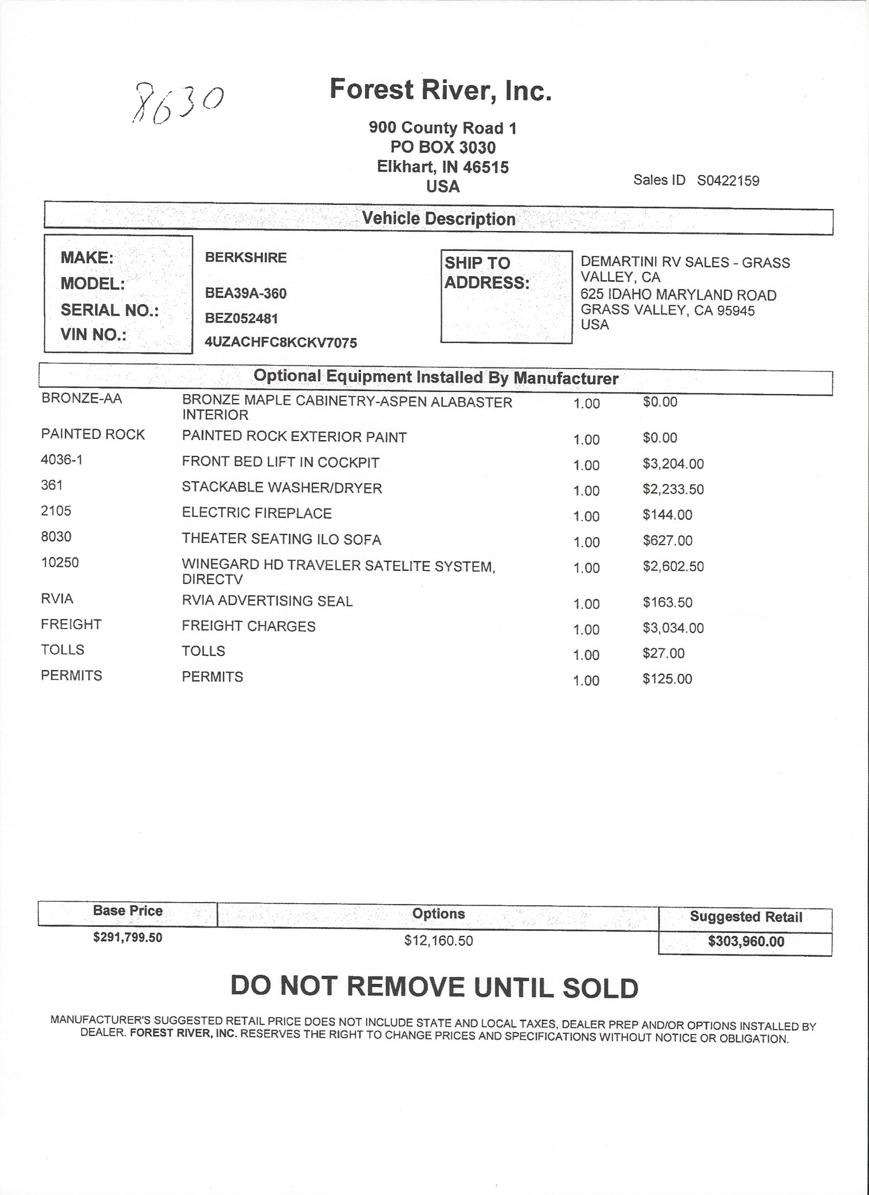 2019 Forest River Berkshire 39A MSRP Sheet