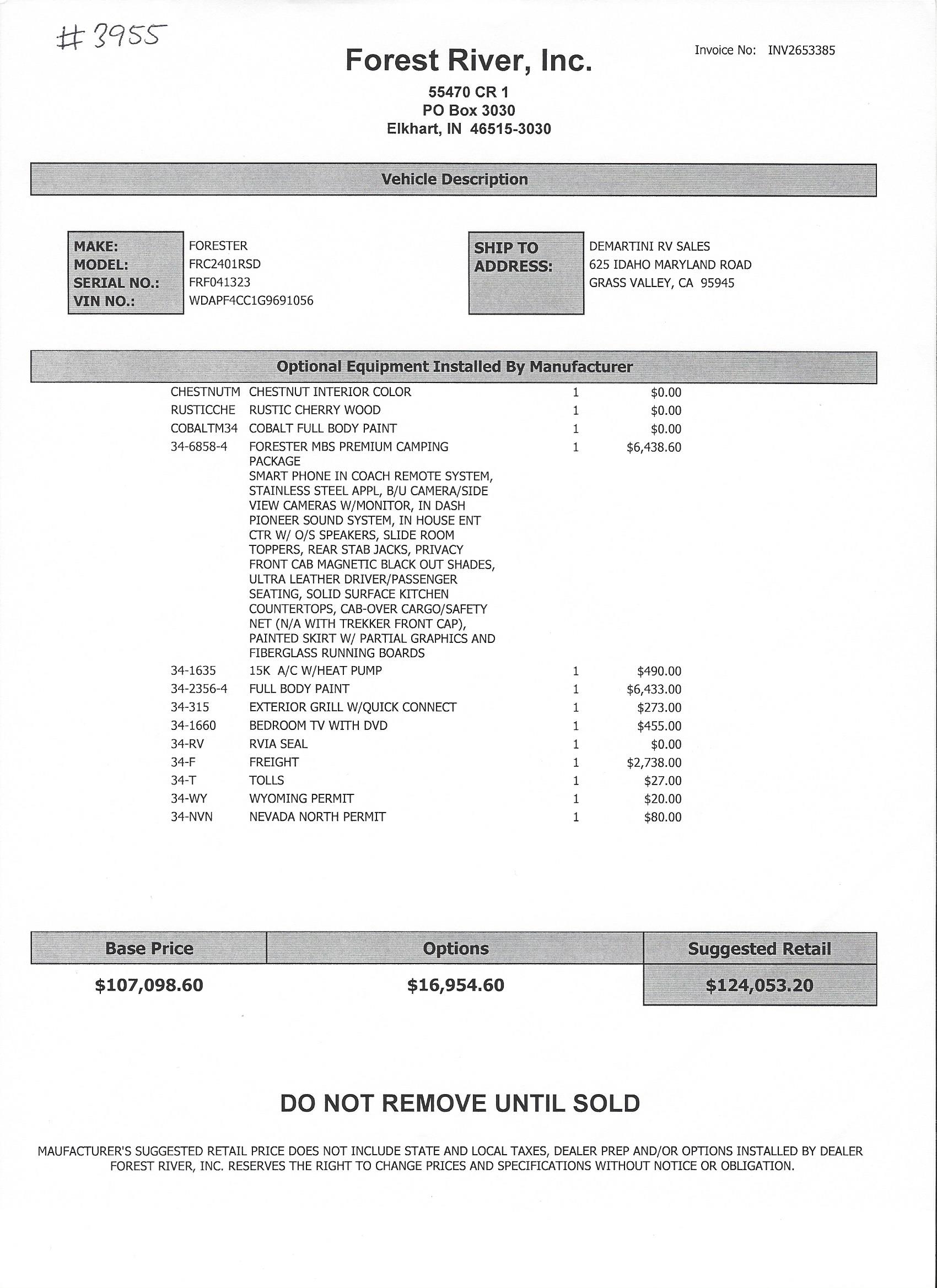 2018 Forest River Forester MBS 2401R MSRP Sheet